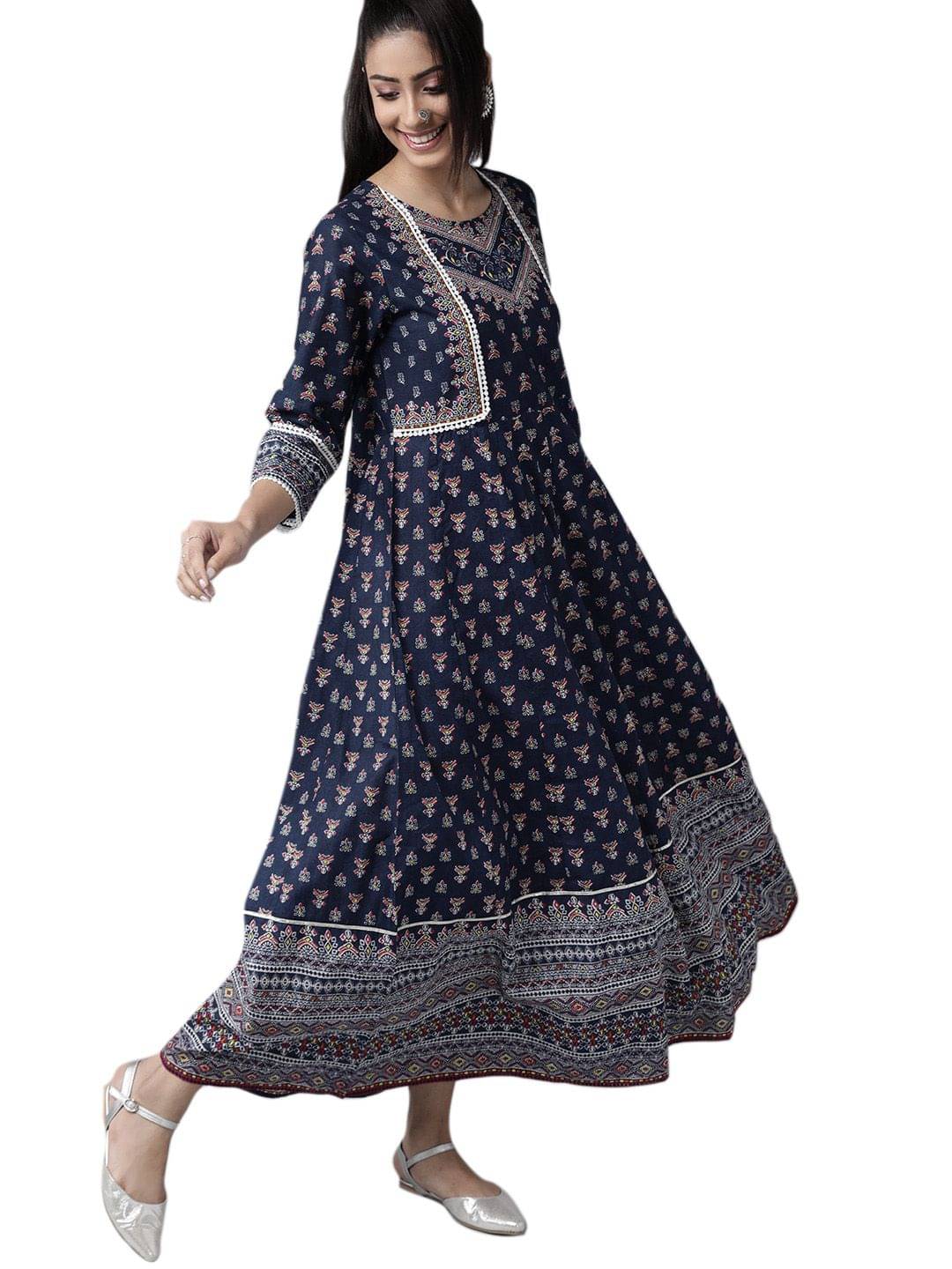     			Juniper Women Cotton Printed Ethnic Dress ( Indigo )