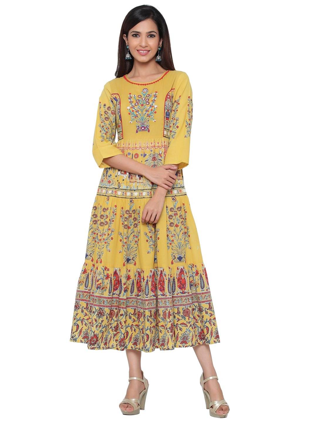     			Juniper Women Cotton Printed Ethnic Dress ( Mustard )