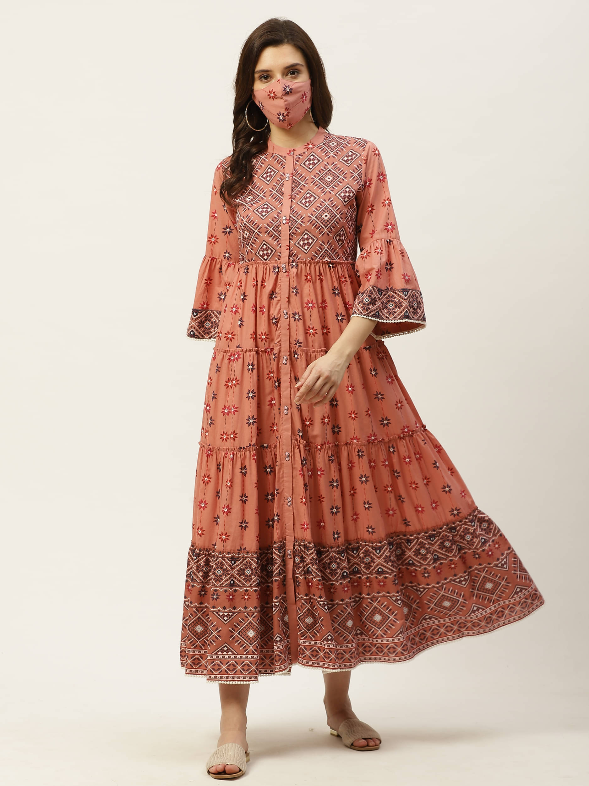 Juniper Women Cotton Printed Ethnic Dress ( Peach ) Juniper Women Cotton Printed Ethnic Dress ( Peach )
