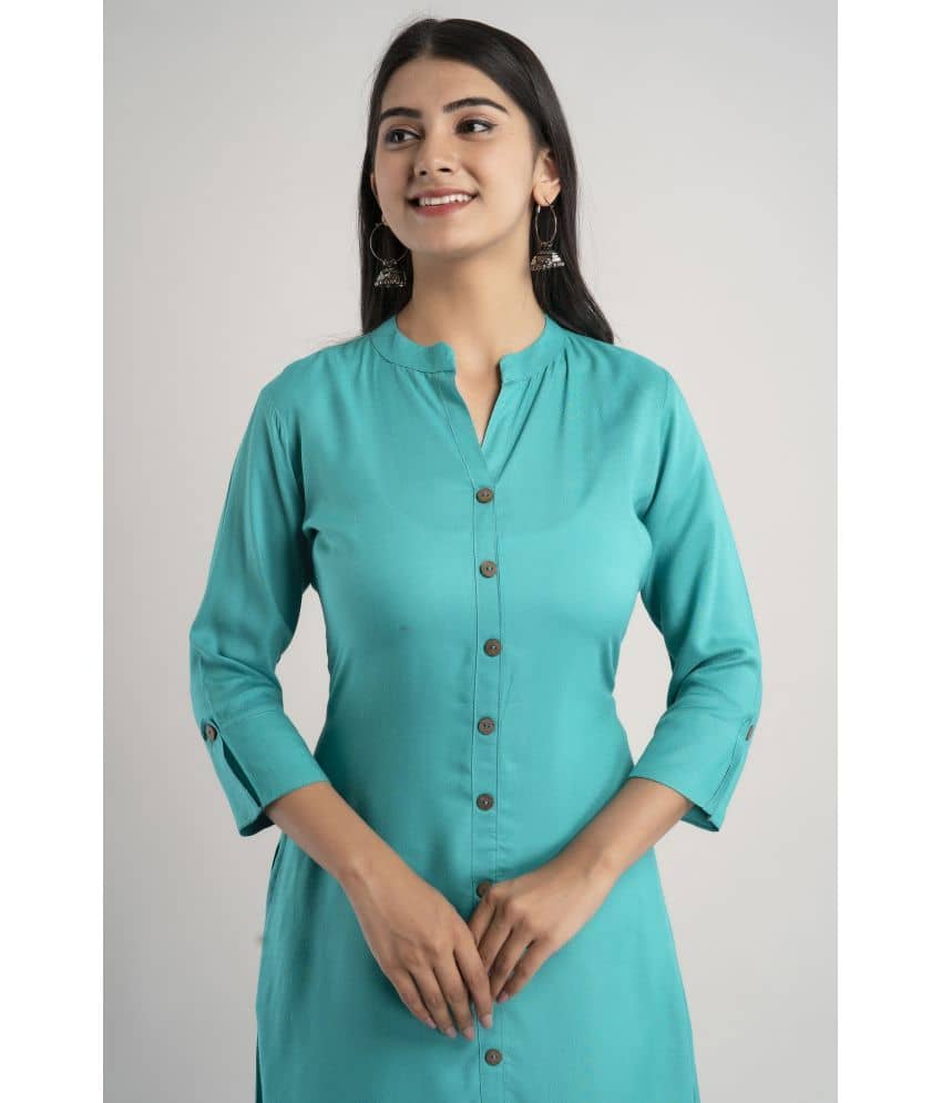 MAUKA - Turquoise Rayon Women's Straight Kurti ( Pack of 1 ) - Kurtis, Tunics | Buy online on ZillyBuy