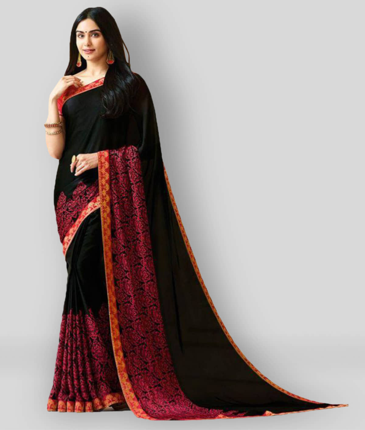 Gazal Fashions Chiffon Printed Saree With Unstitched Blouse Piece ( Black ) - Sarees | Buy online on ZillyBuy
