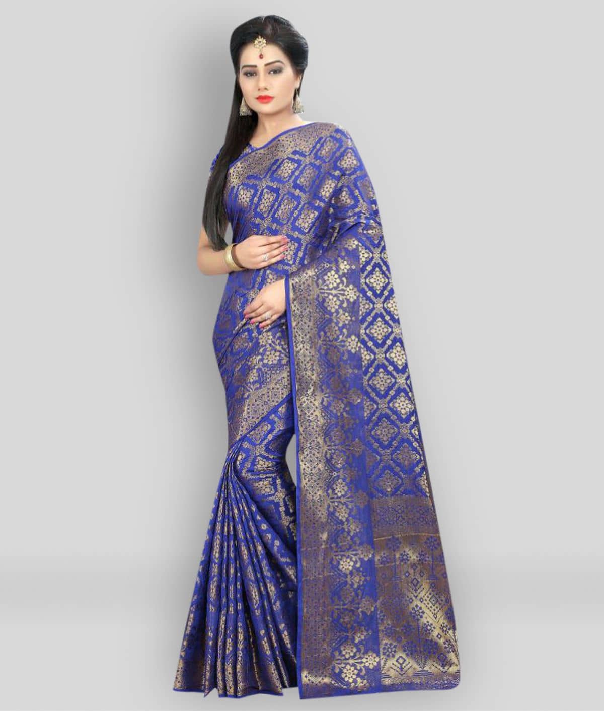Gazal Fashions Banarasi Silk Printed Saree With Unstitched Blouse Piece ( Blue ) - Sarees | Buy online on ZillyBuy