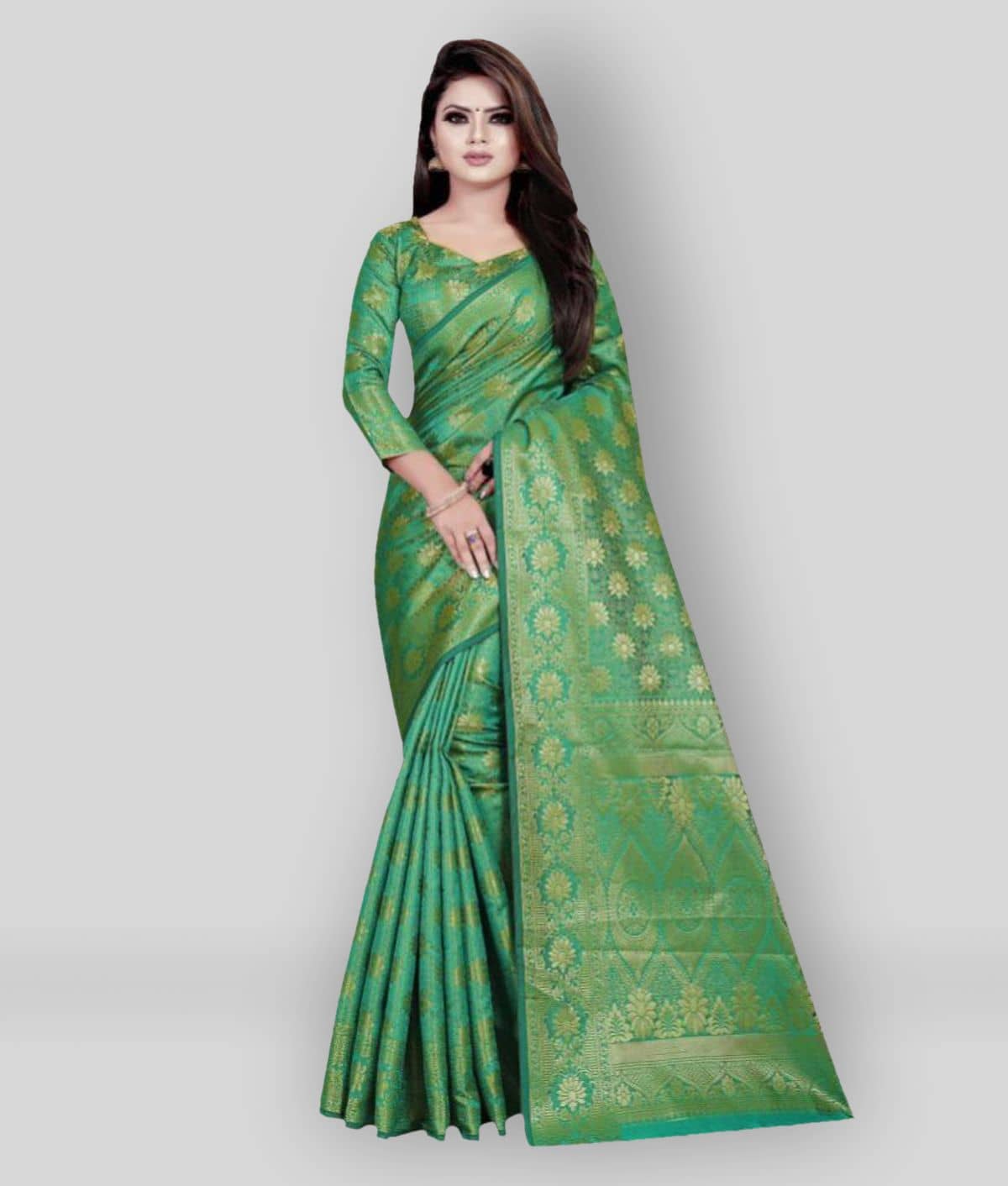 Gazal Fashions Banarasi Silk Embroidered Saree With Unstitched Blouse Piece ( Green ) - Sarees | Buy online on ZillyBuy