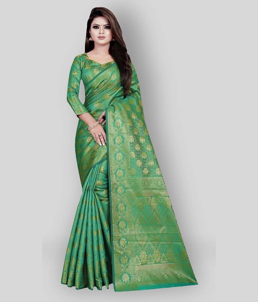 Gazal Fashions Banarasi Silk Embroidered Saree With Unstitched Blouse Piece ( Green ) - Sarees | Buy online on ZillyBuy