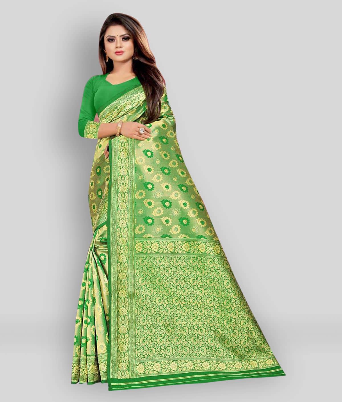 Gazal Fashions Banarasi Silk Printed Saree With Unstitched Blouse Piece ( Green ) - Sarees | Buy online on ZillyBuy