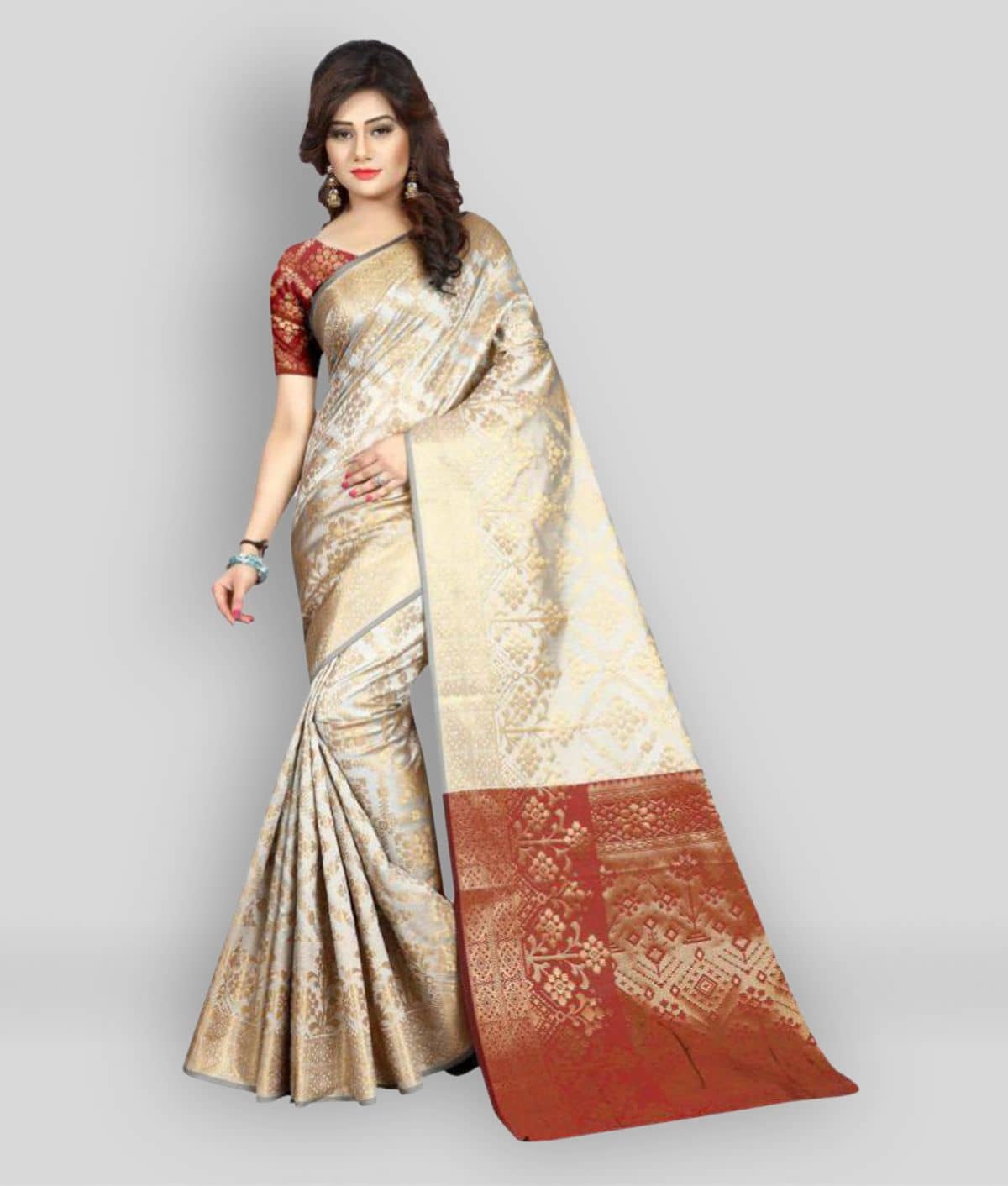 Gazal Fashions Banarasi Silk Printed Saree With Unstitched Blouse Piece ( Multicolor ) - Sarees | Buy online on ZillyBuy