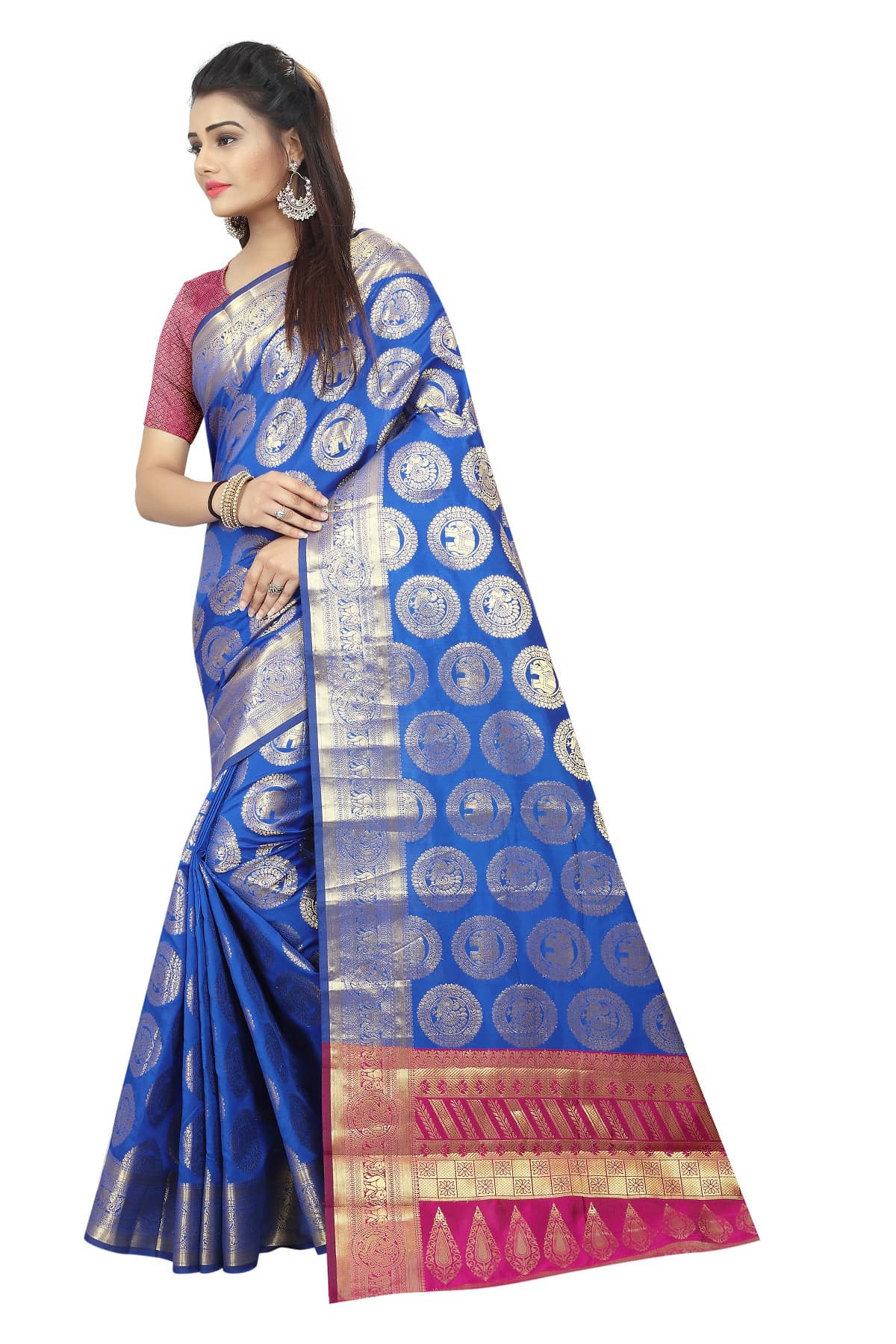 Gazal Fashions Banarasi Silk Saree With Unstitched Blouse Piece ( Blue ) - Sarees | Buy online on ZillyBuy