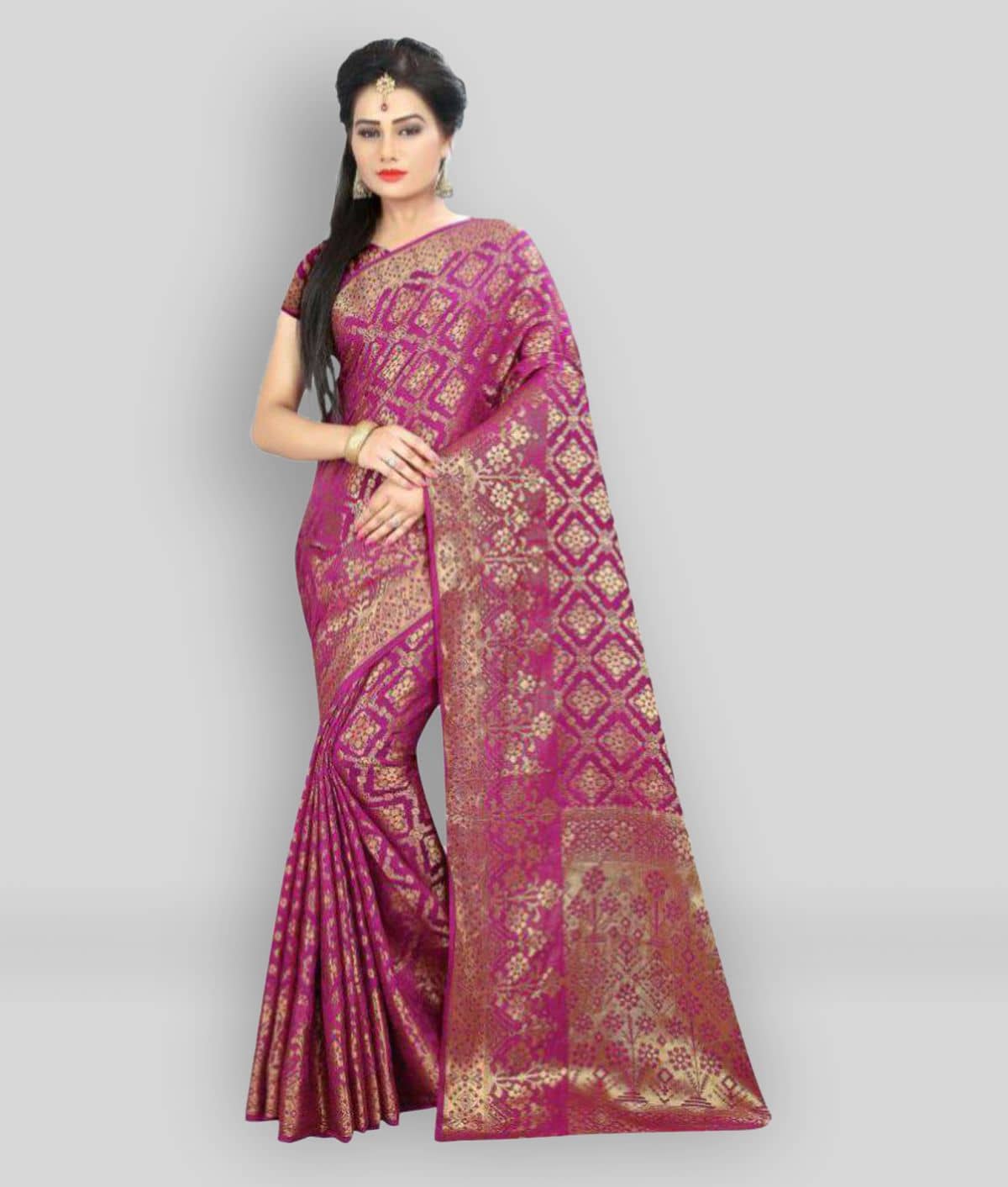 Gazal Fashions Banarasi Silk Saree With Unstitched Blouse Piece ( Pink ) - Sarees | Buy online on ZillyBuy