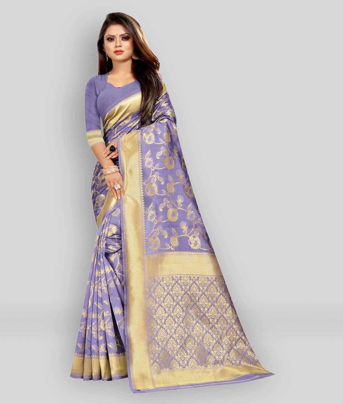 Gazal Fashions Banarasi Silk Printed Saree With Unstitched Blouse Piece ( Purple ) - Sarees | Buy online on ZillyBuy