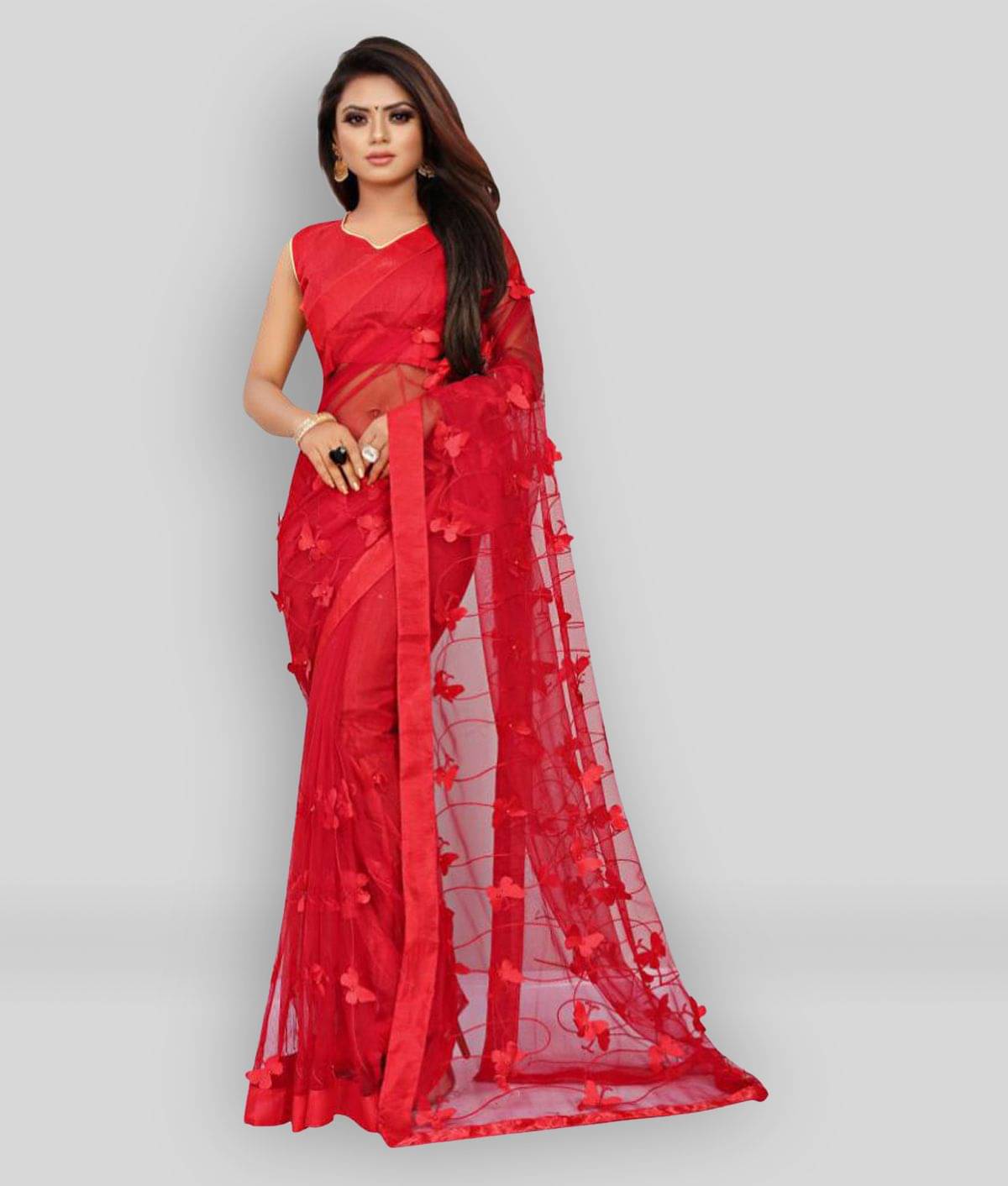     			Gazal Fashions Net Applique Saree With Unstitched Blouse Piece ( Red )