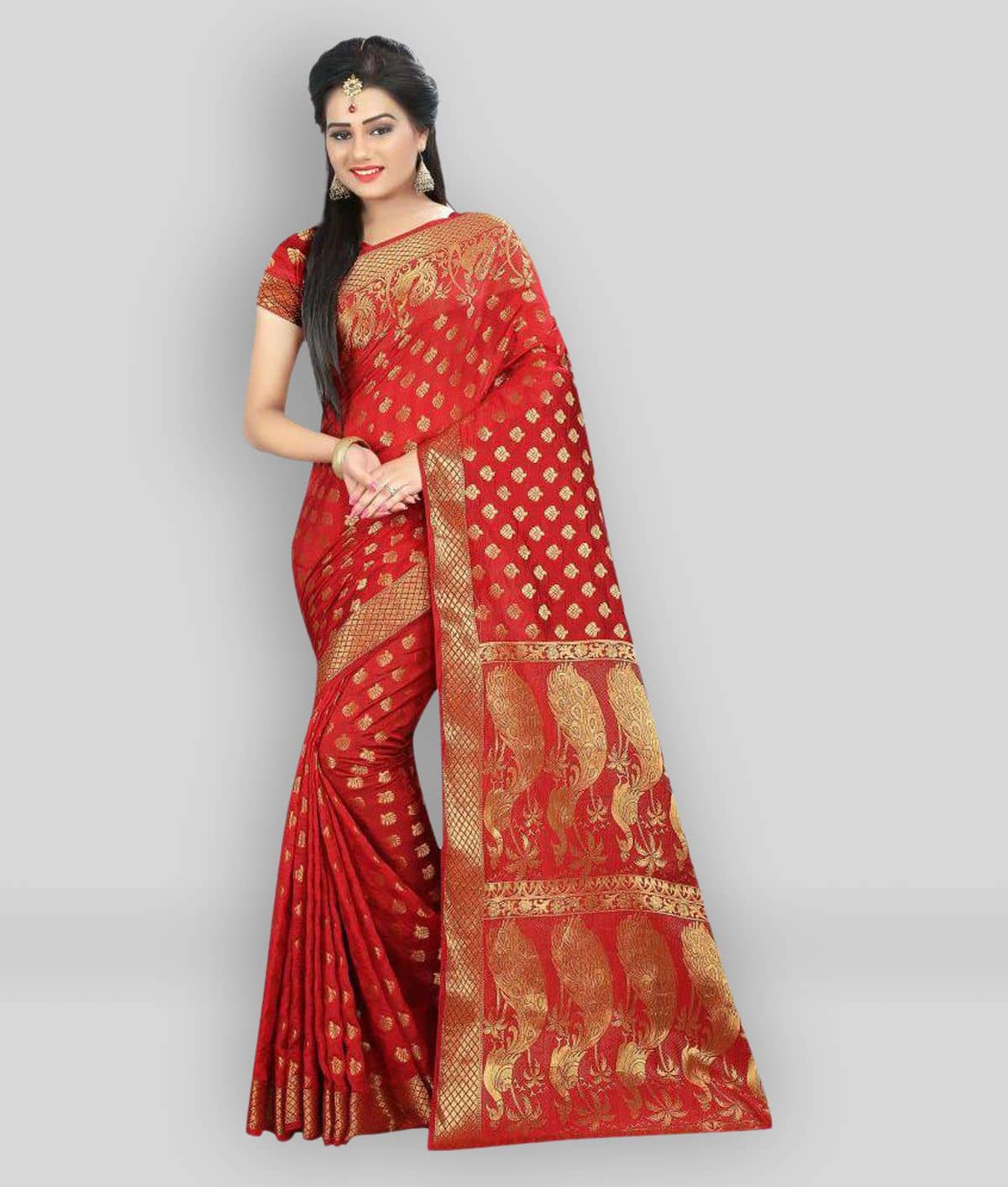Gazal Fashions Silk Blend Printed Saree With Unstitched Blouse Piece ( Red ) - Sarees | Buy online on ZillyBuy