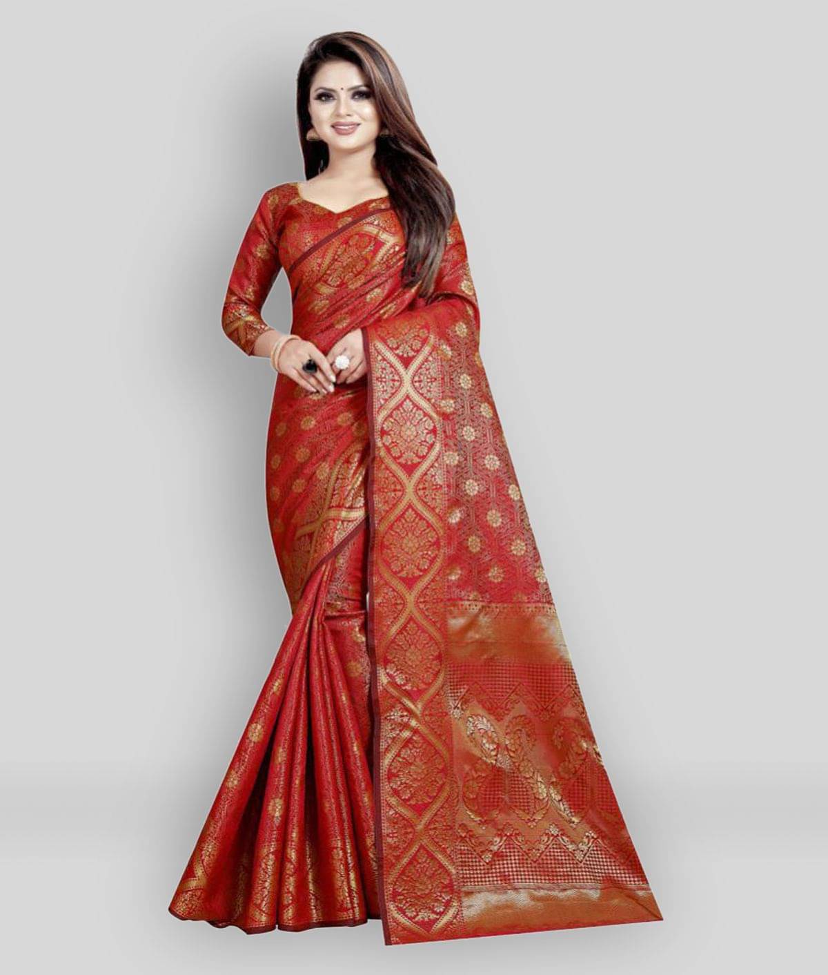 Gazal Fashions Silk Blend Printed Saree With Unstitched Blouse Piece ( Red ) Gazal Fashions Silk Blend Printed Saree With Unstitched Blouse Piece ( Red )