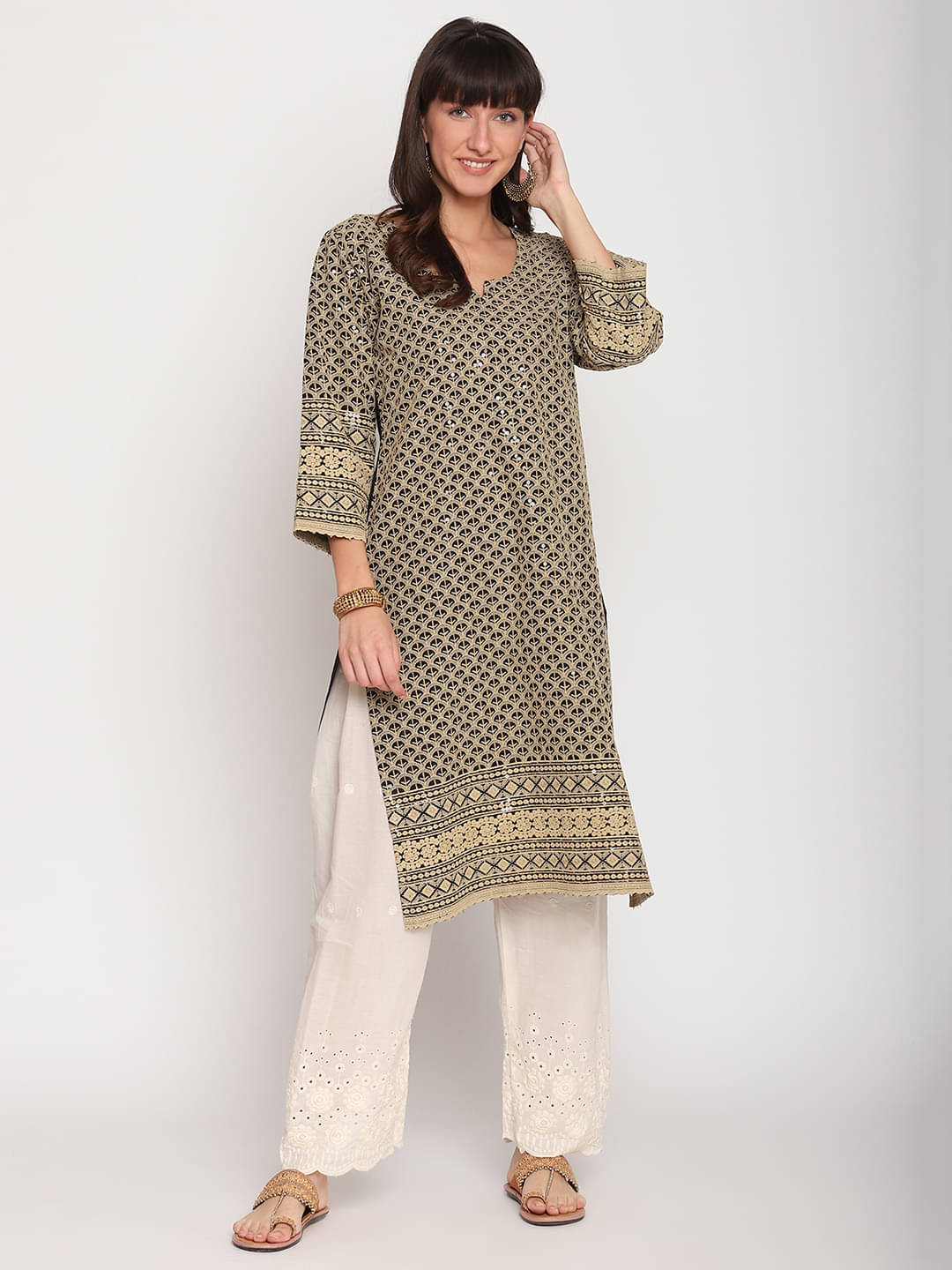     			Queenley - Beige Cotton Women's Straight Kurti ( Pack of 1 )