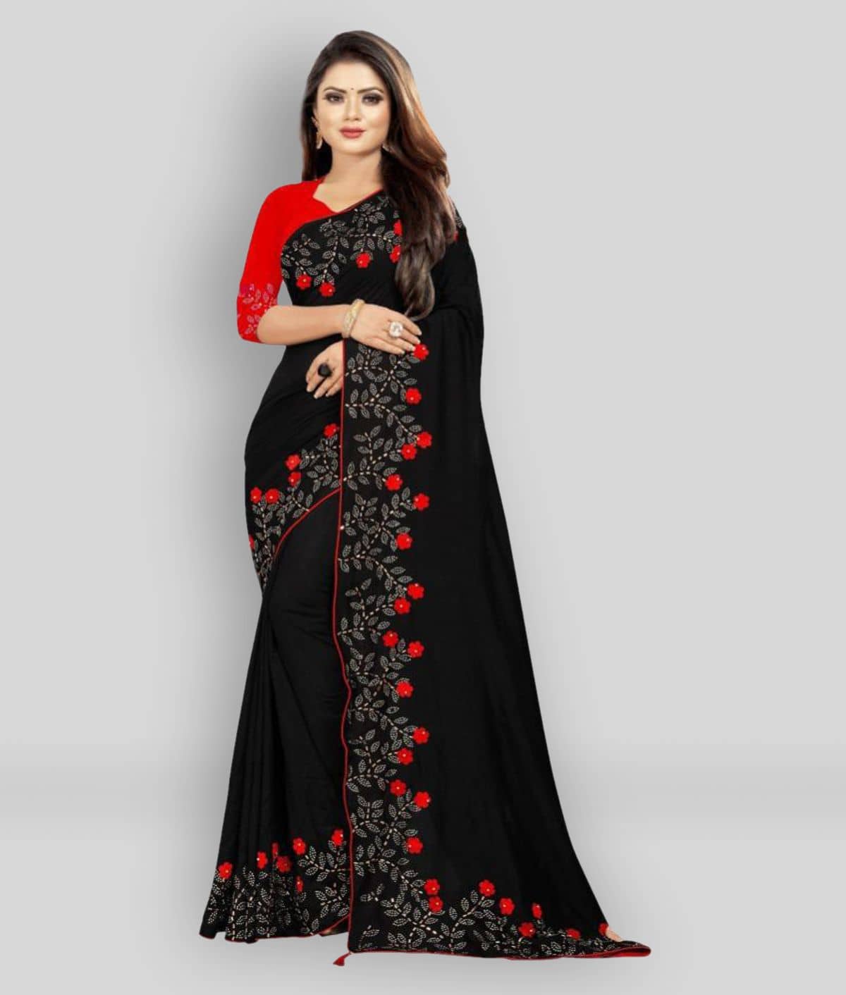 Gazal Fashions Silk Embroidered Saree With Unstitched Blouse Piece ( Black ) - Sarees | Buy online on ZillyBuy