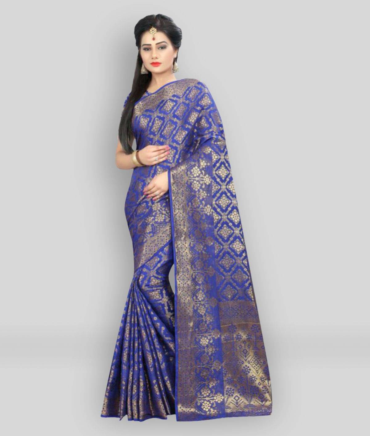     			Gazal Fashions Banarasi Silk Printed Saree With Unstitched Blouse Piece ( Blue )