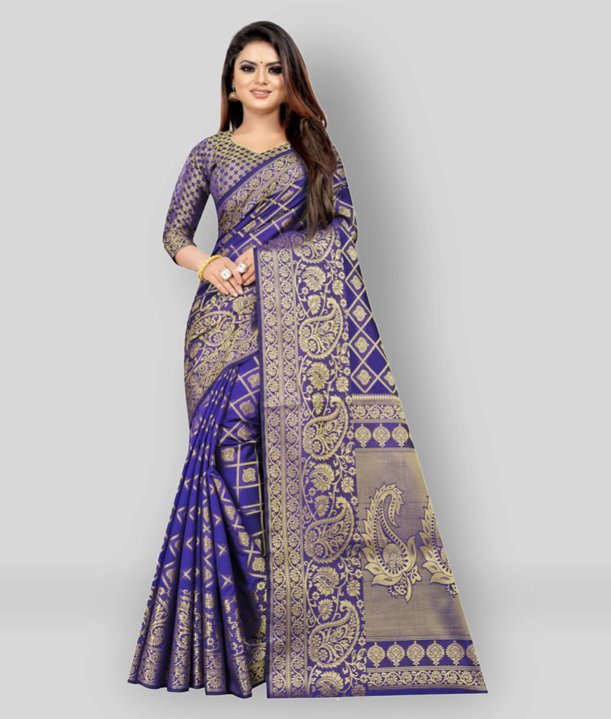 Gazal Fashions Banarasi Silk Embroidered Saree With Unstitched Blouse Piece ( Blue ) - Sarees | Buy online on ZillyBuy