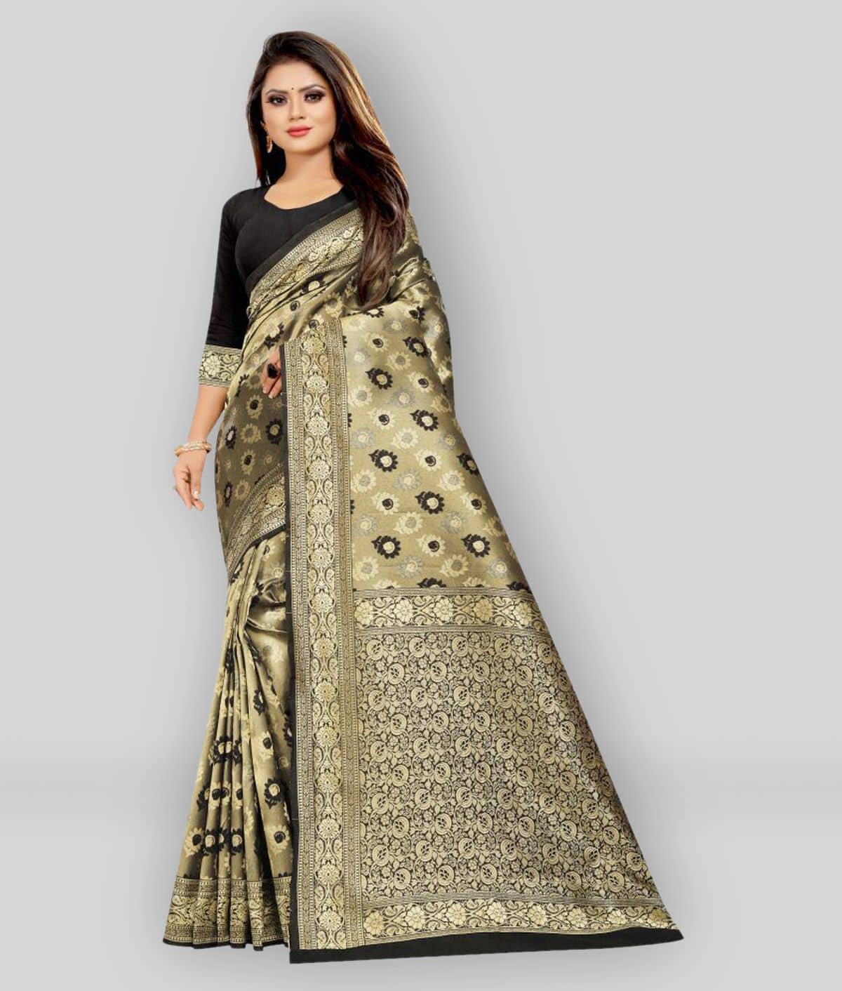 Gazal Fashions Banarasi Silk Printed Saree With Unstitched Blouse Piece ( Gold ) - Sarees | Buy online on ZillyBuy
