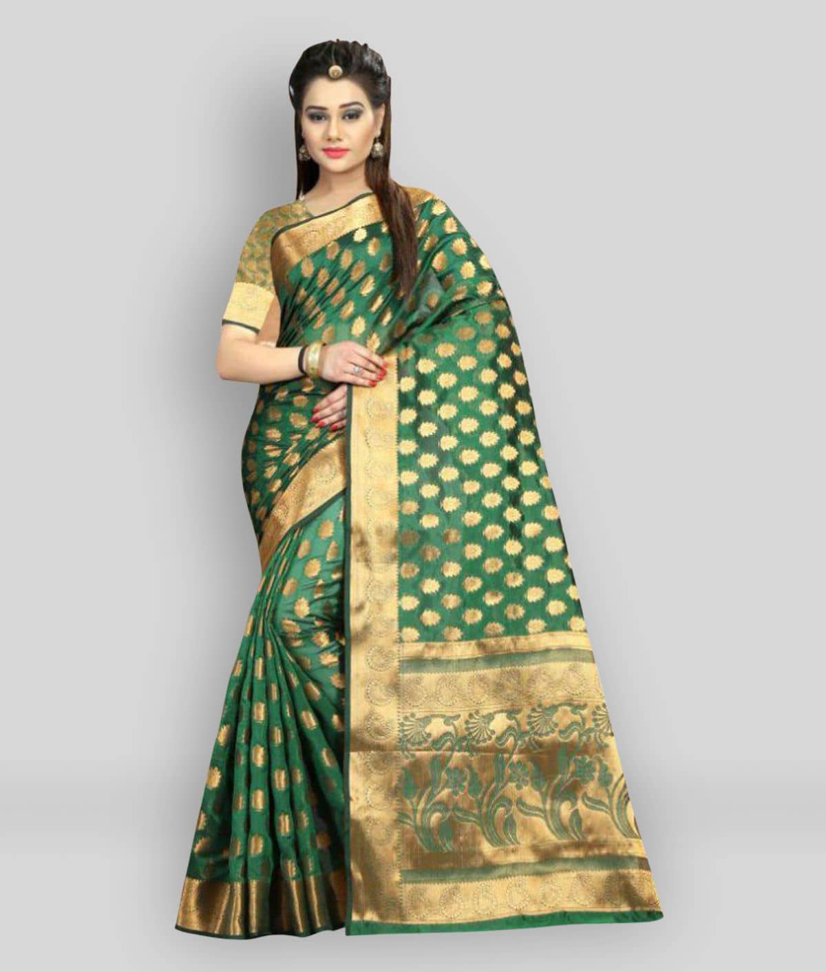 Gazal Fashions Banarasi Silk Printed Saree With Unstitched Blouse Piece ( Green ) - Sarees | Buy online on ZillyBuy