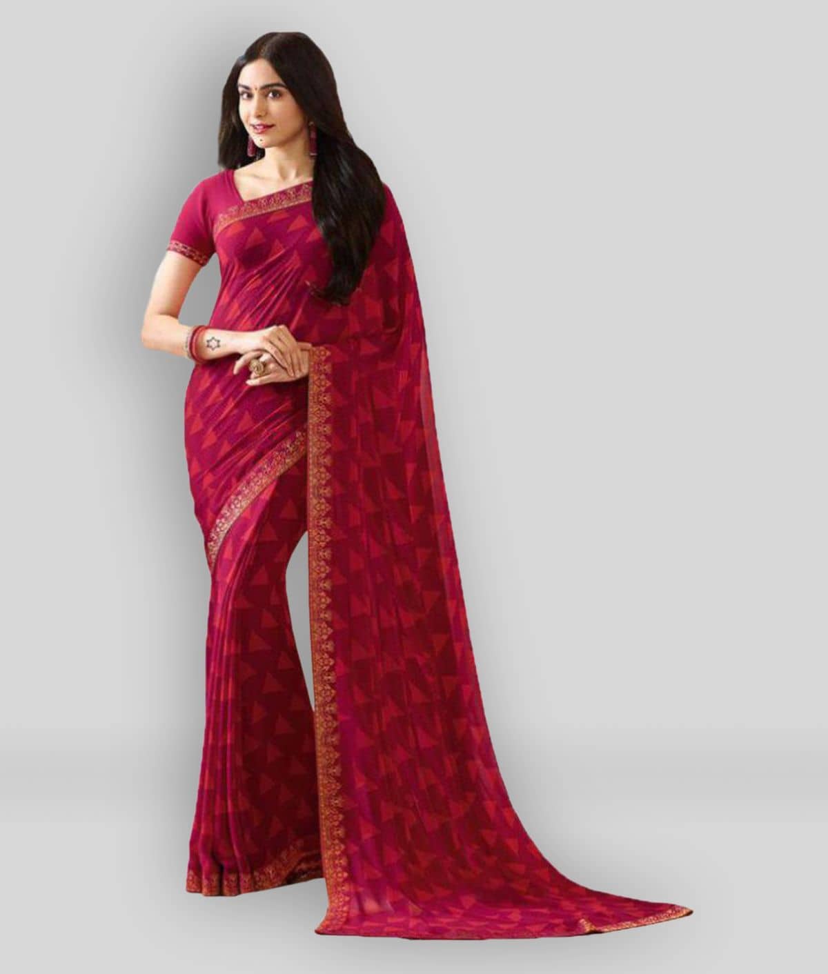 Gazal Fashions Georgette Printed Saree With Unstitched Blouse Piece ( Maroon ) - Sarees | Buy online on ZillyBuy