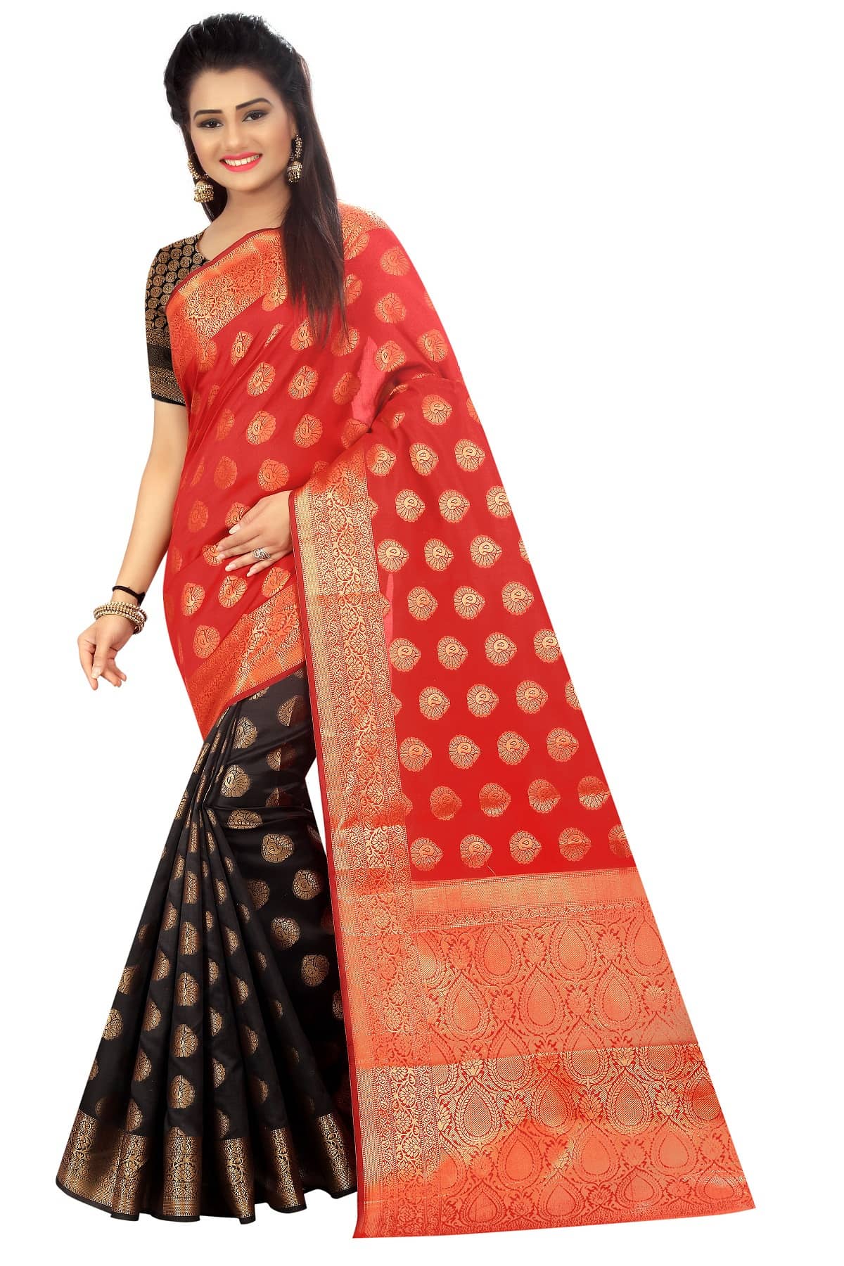 Gazal Fashions Banarasi Silk Saree With Unstitched Blouse Piece ( Red,Black ) - Sarees | Buy online on ZillyBuy