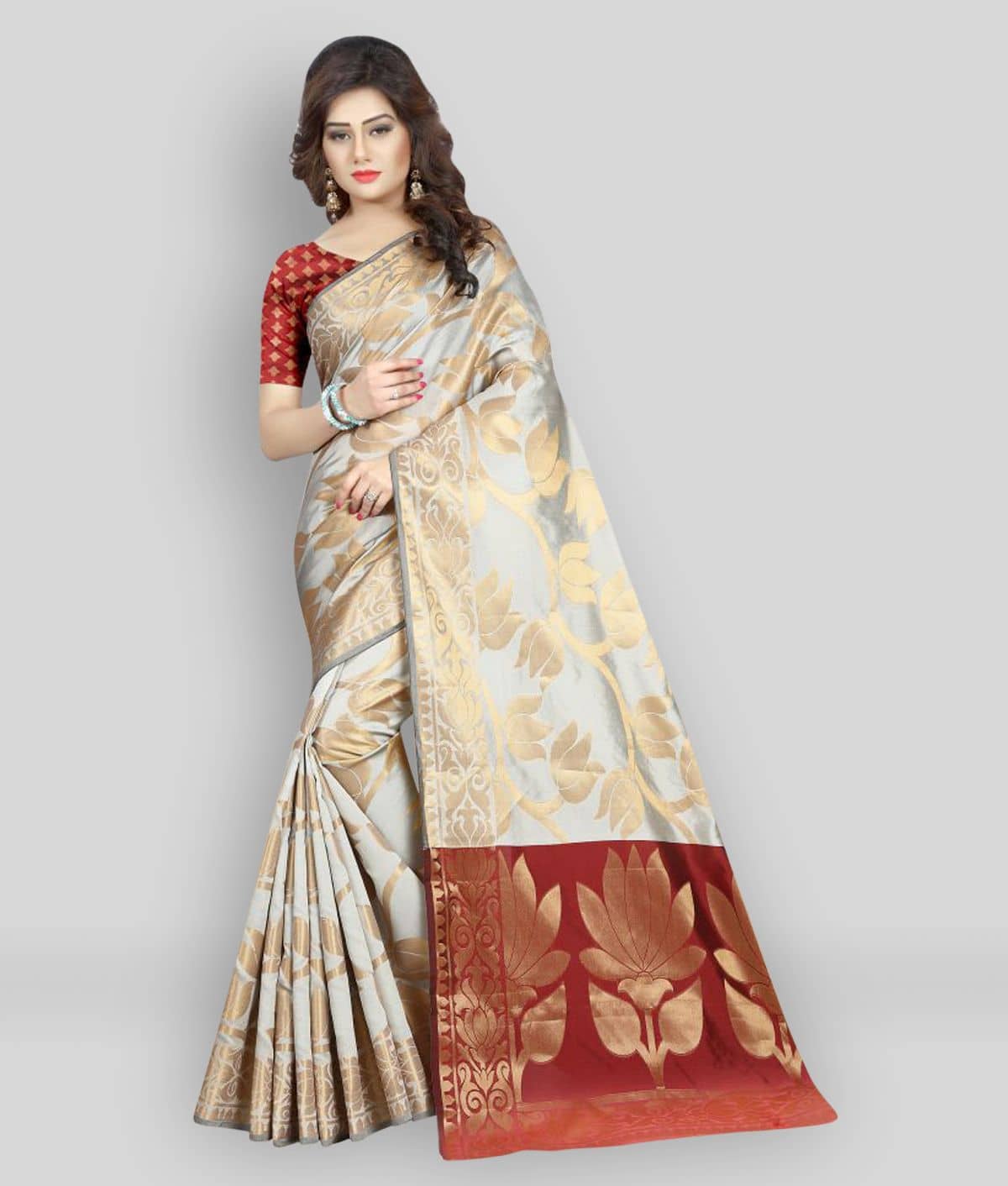 Gazal Fashions Banarasi Silk Printed Saree With Unstitched Blouse Piece ( Multicolor ) - Sarees | Buy online on ZillyBuy