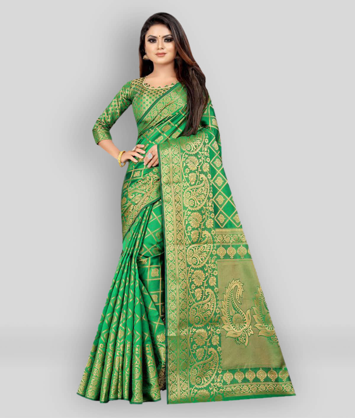 Gazal Fashions Silk Blend Printed Saree With Unstitched Blouse Piece ( Multicolor ) - Sarees | Buy online on ZillyBuy