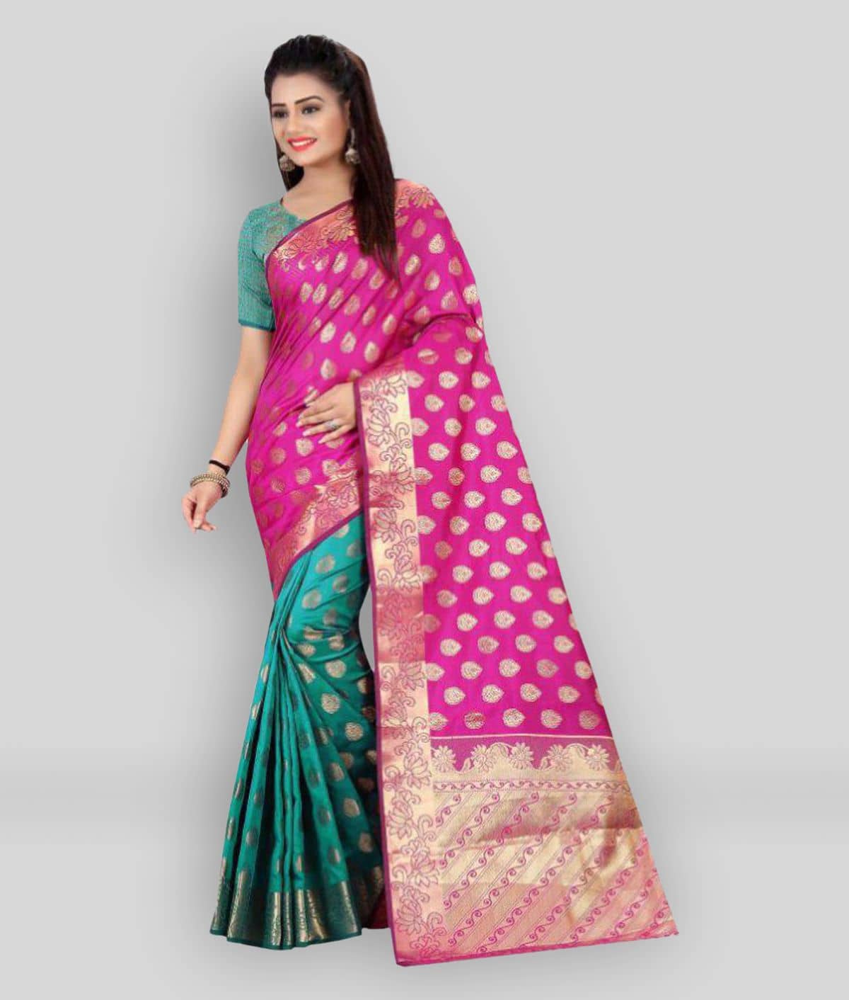 Gazal Fashions Silk Blend Printed Saree With Unstitched Blouse Piece ( Multicolor ) - Sarees | Buy online on ZillyBuy