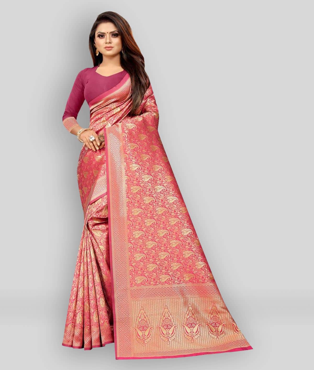 Gazal Fashions Banarasi Silk Printed Saree With Unstitched Blouse Piece ( Pink ) - Sarees | Buy online on ZillyBuy