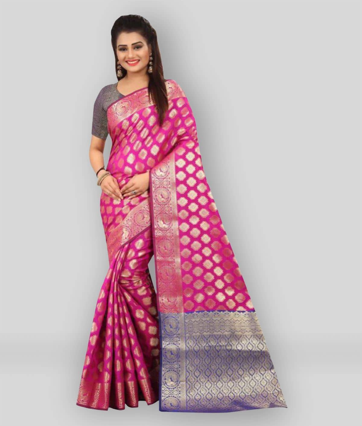 Gazal Fashions Banarasi Silk Saree With Unstitched Blouse Piece ( Pink ) - Sarees | Buy online on ZillyBuy