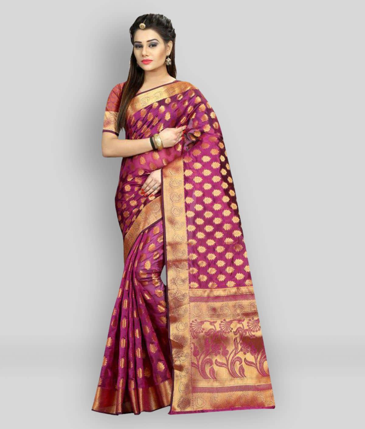 Gazal Fashions Silk Blend Printed Saree With Unstitched Blouse Piece ( Pink ) - Sarees | Buy online on ZillyBuy