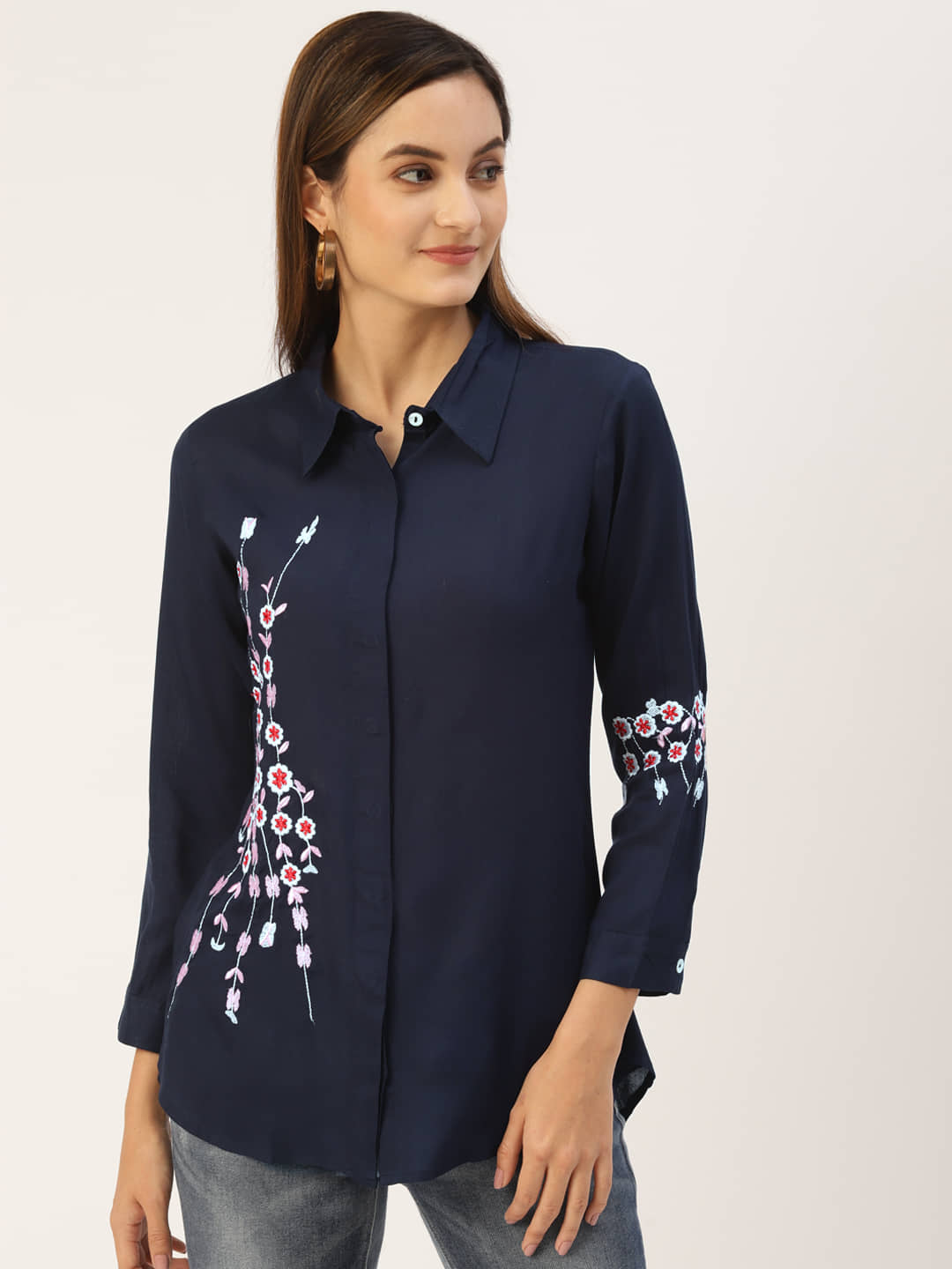 Kbz Women Printed Rayon Shirt ( Blue )