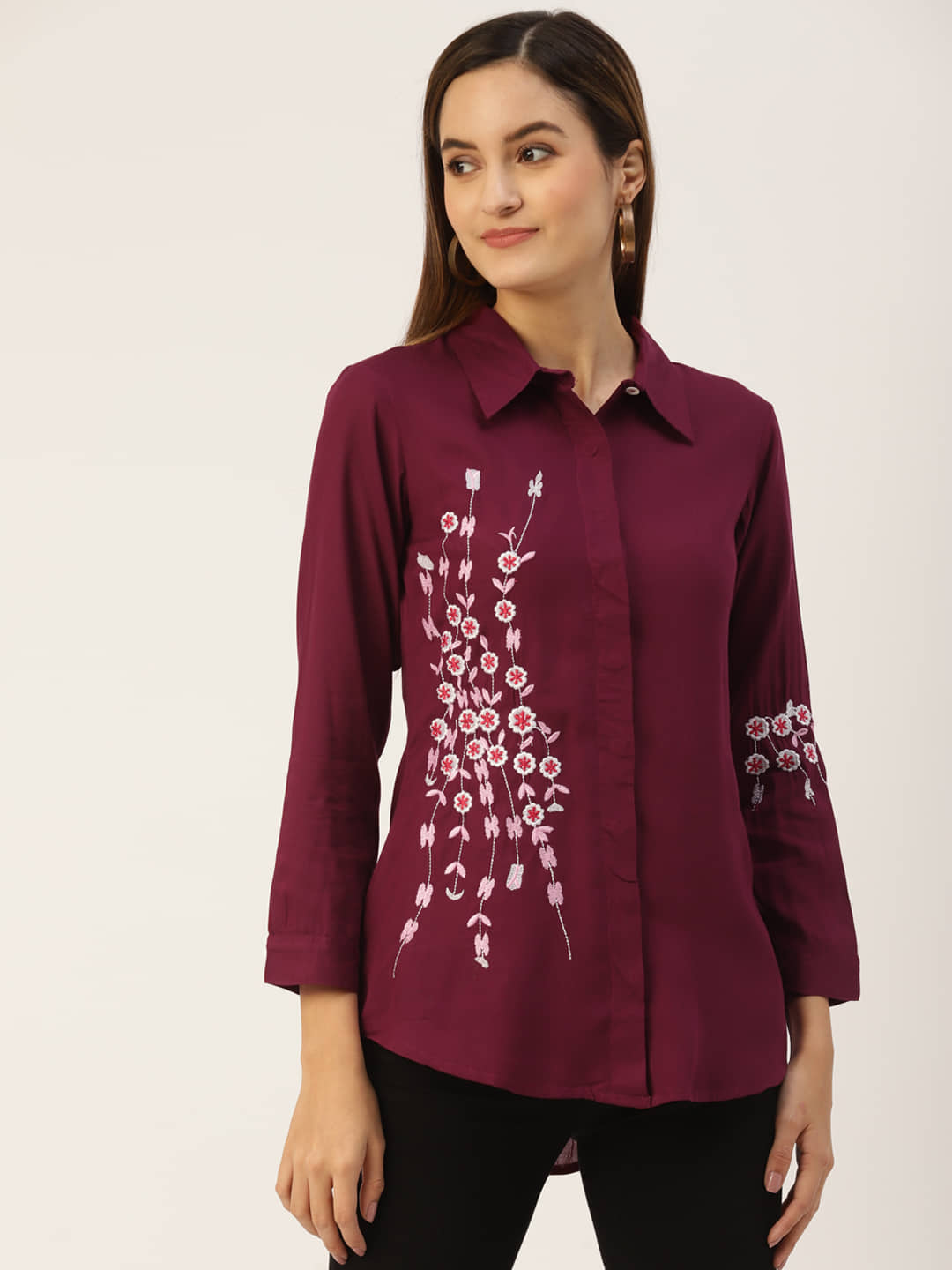 Kbz Women Printed Rayon Shirt ( Wine )