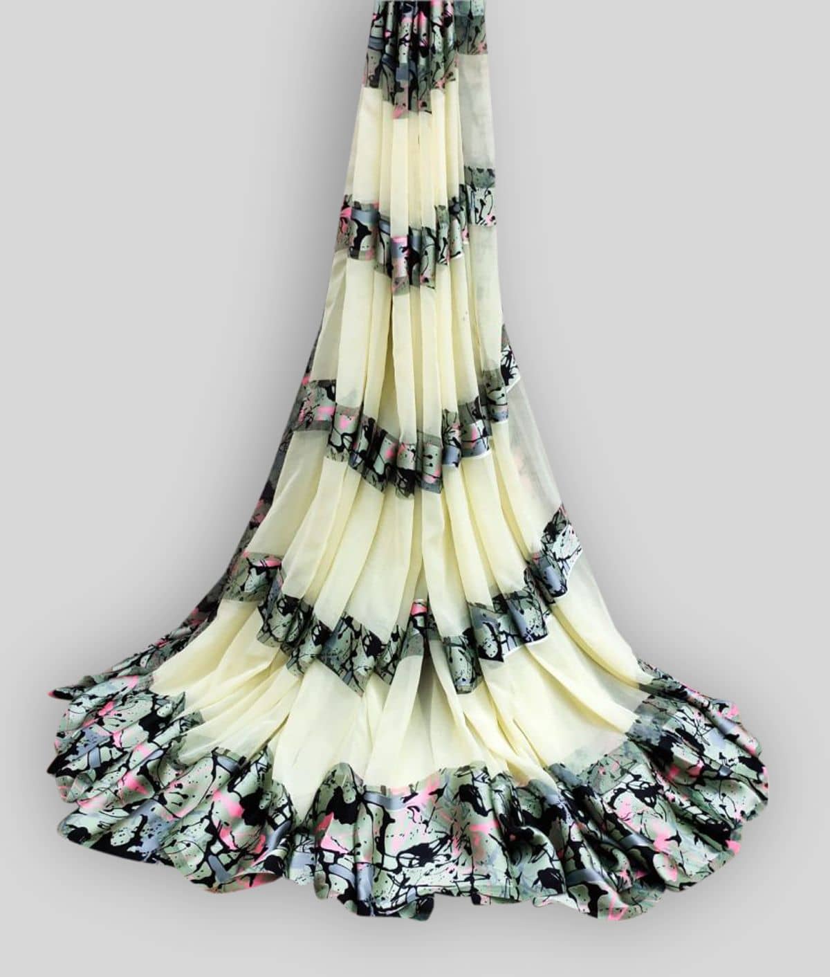 Sitanjali Satin Printed Saree With Unstitched Blouse Piece ( Beige ) - Sarees | Buy online on ZillyBuy