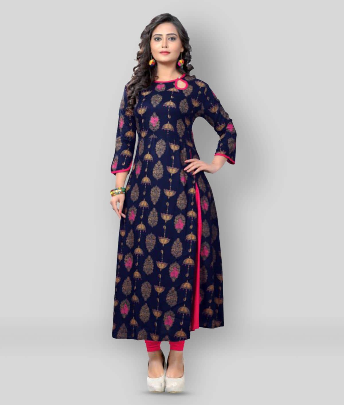 Vbuyz - Navy Rayon Women's Front Slit Kurti ( Pack of 1 ) - Kurtis, Tunics | Buy online on ZillyBuy