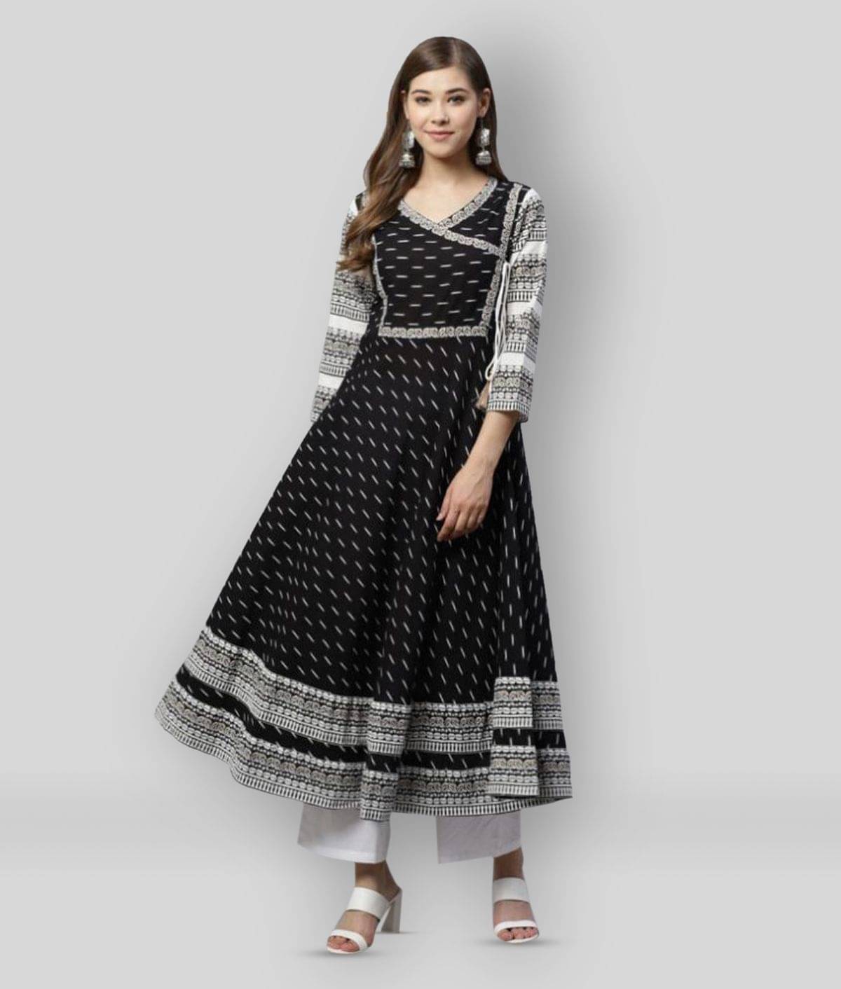     			Yash Gallery Pack of 1 Cotton Printed Angrakha Women's Kurti - ( Black )