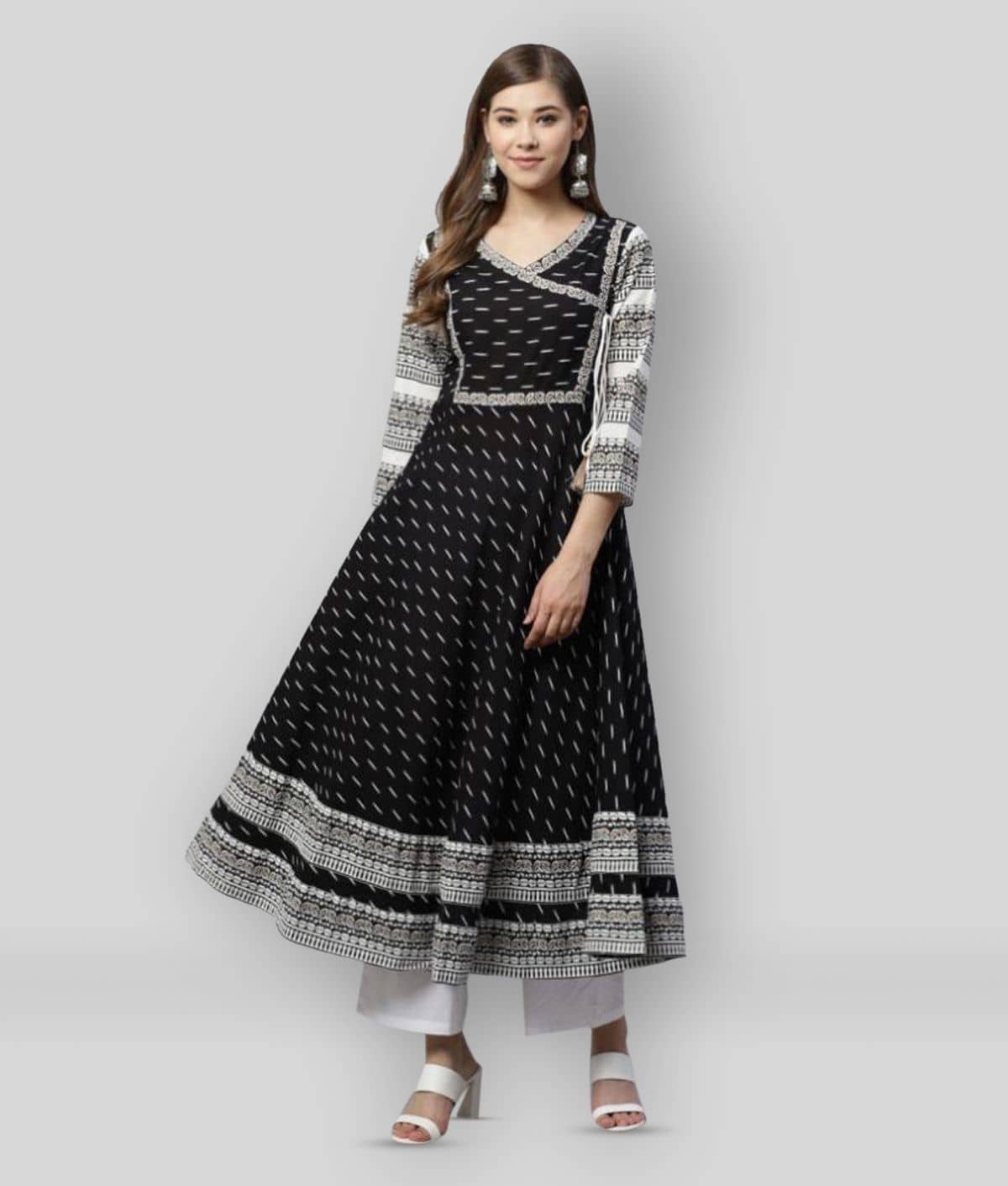 Yash Gallery Pack of 1 Cotton Printed Angrakha Women's Kurti - ( Black ) - Kurtis, Tunics | Buy online on ZillyBuy