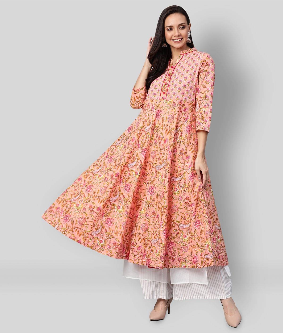     			Yash Gallery Pack of 1 Cotton Printed Anarkali Women's Kurti - ( Peach )