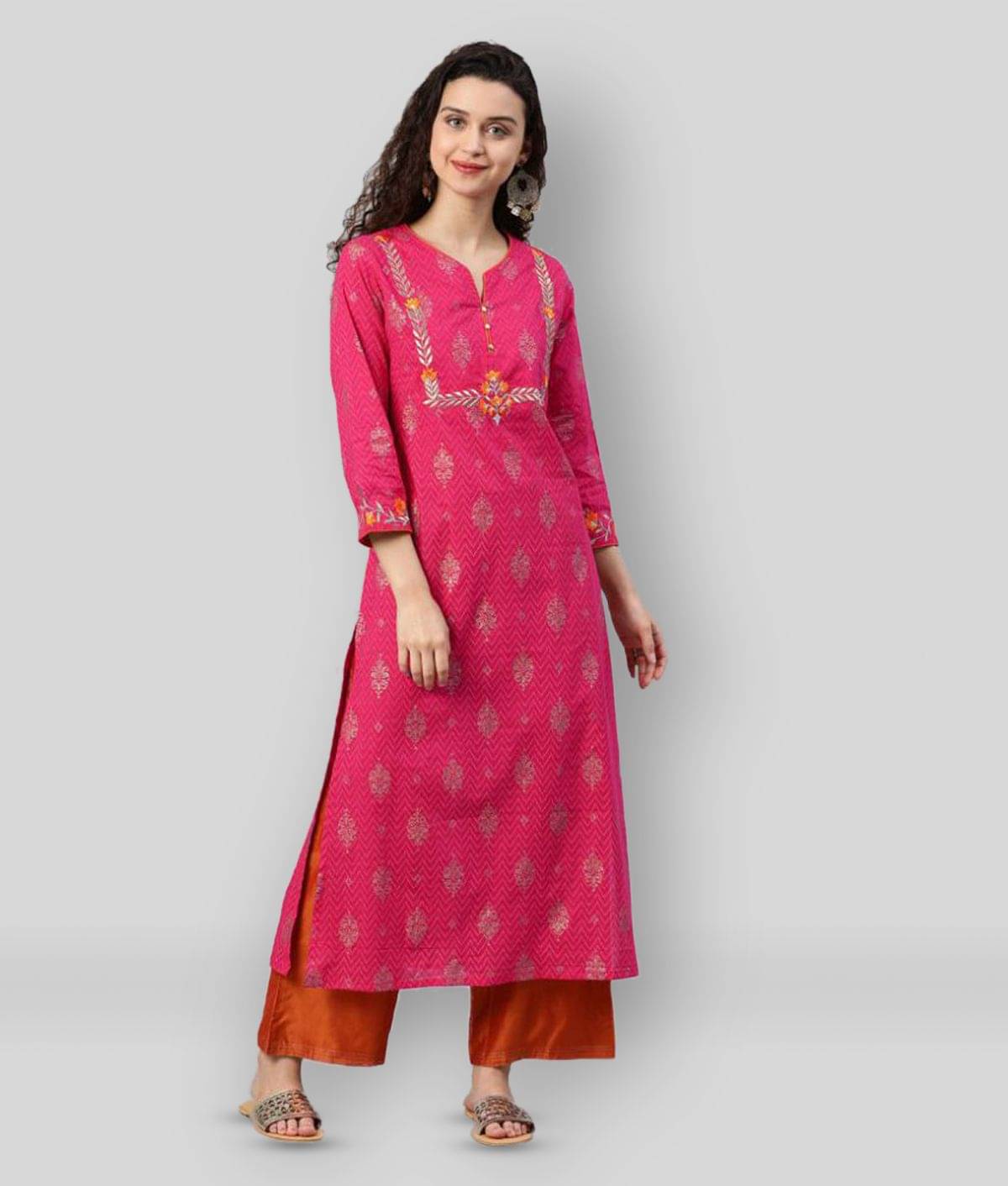Yash Gallery Pack of 1 Cotton Printed Straight Women's Kurti - ( Pink )     			Yash Gallery Pack of 1 Cotton Printed Straight Women's Kurti - ( Pink )