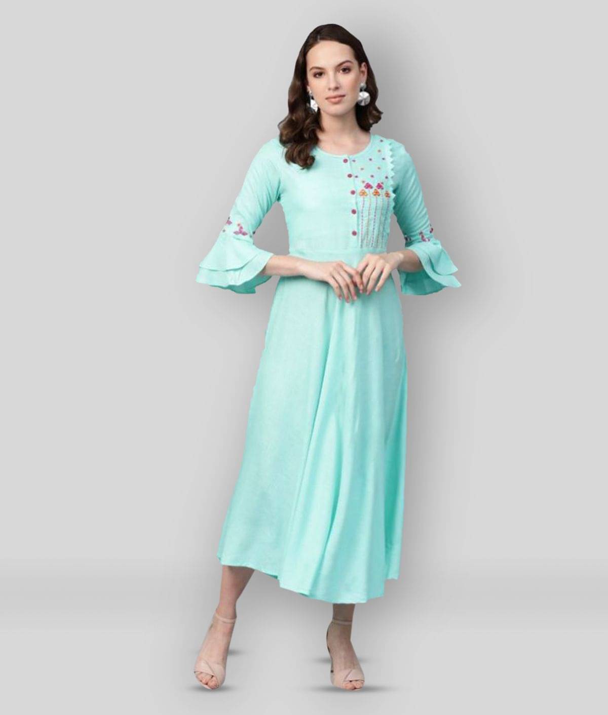    			Yash Gallery Pack of 1 Rayon Embroidered Flared Women's Kurti - ( Turquoise )
