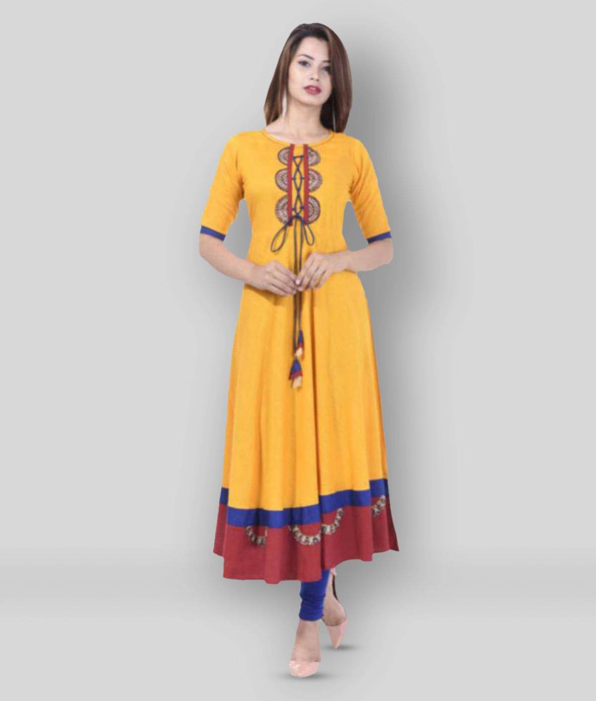 Yash Gallery Pack of 2 Rayon Applique Flared Women's Kurti - ( Yellow ) Yash Gallery Pack of 2 Rayon Applique Flared Women's Kurti - ( Yellow )