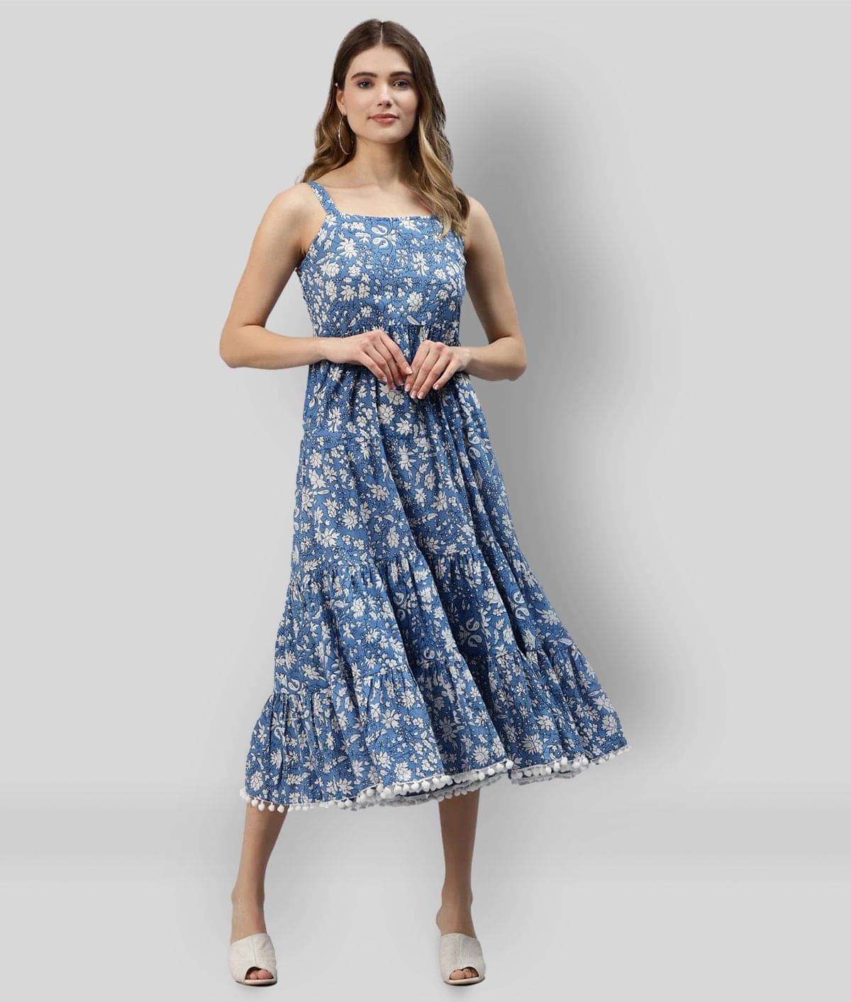 Divena Women Cotton Printed Fit & Flare Dress ( Blue )     			Divena Women Cotton Printed Fit & Flare Dress ( Blue )