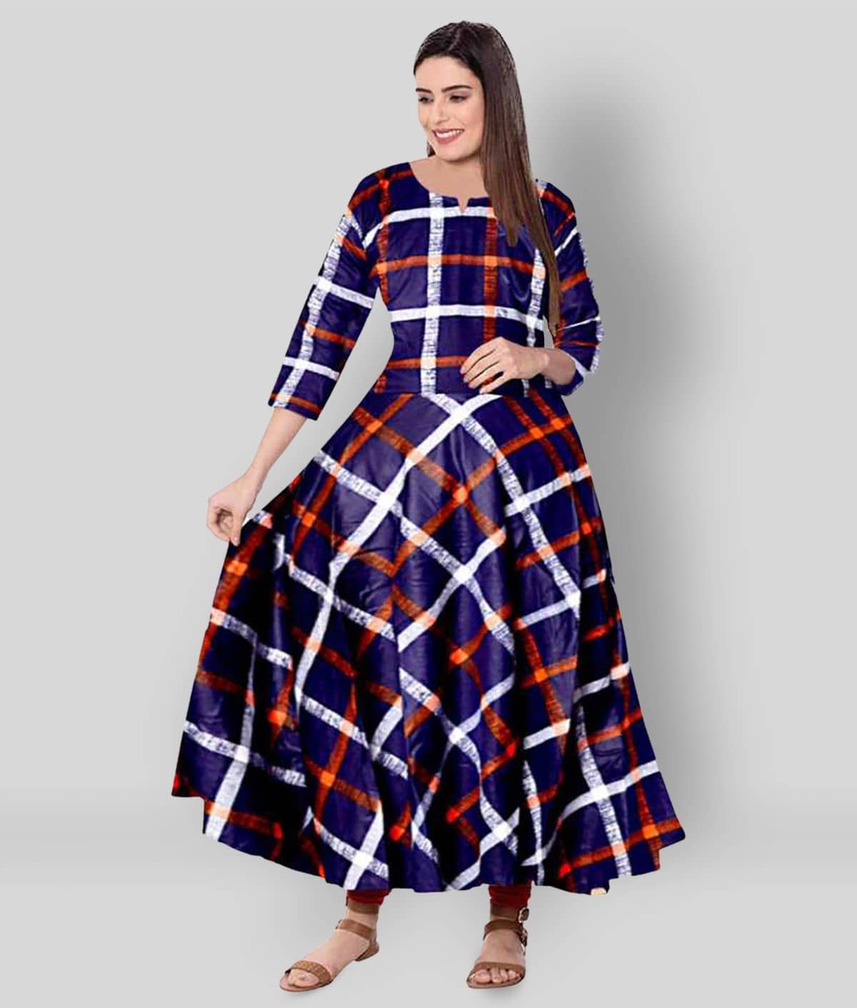 Frionkandy Women Rayon Checks A-line Dress ( Blue )