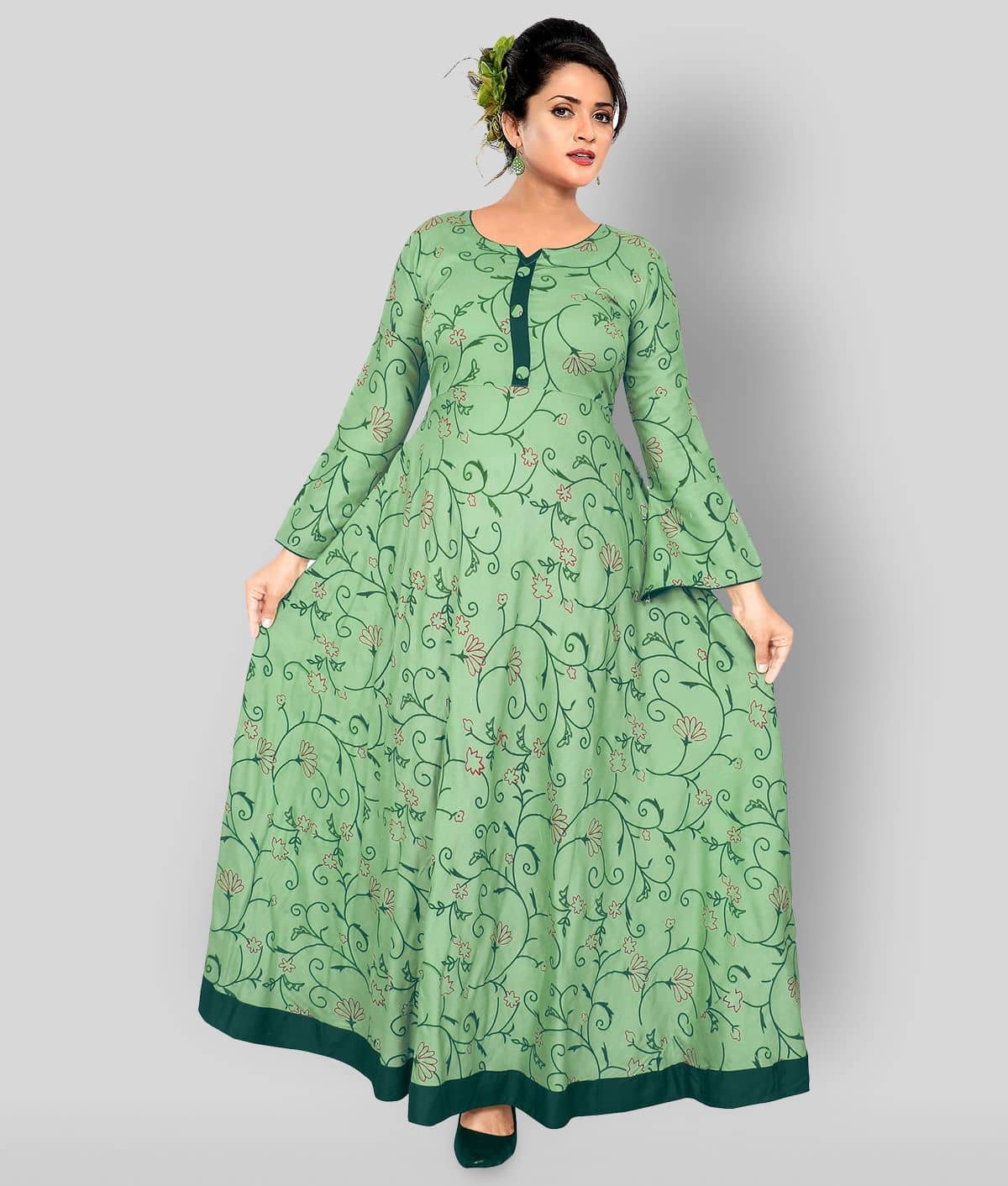 HAYA - Green Rayon Women's Flared Kurti ( Pack of 1 ) - Kurtis, Tunics | Buy online on ZillyBuy