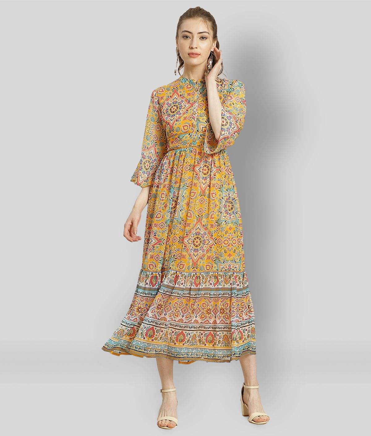 Juniper Women Chiffon Printed Fit & Flare Dress ( Yellow ) Juniper Women Chiffon Printed Fit & Flare Dress ( Yellow )