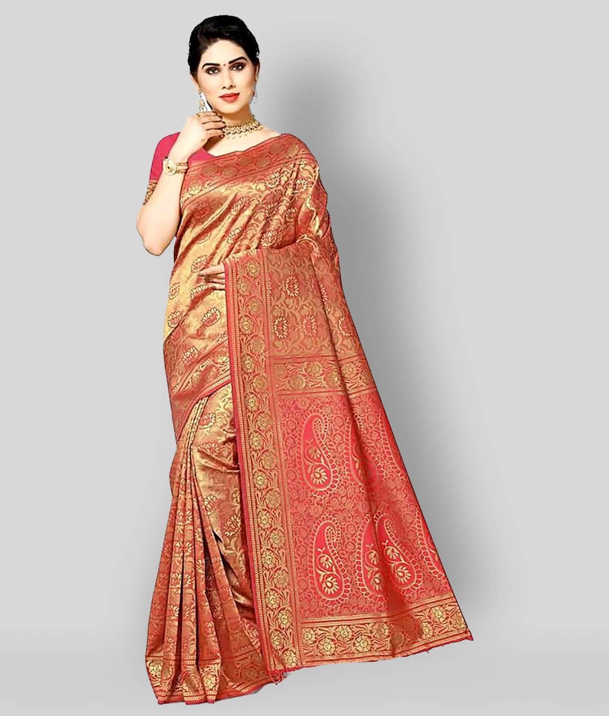 NENCY FASHIONS Banarasi Silk Saree With Unstitched Blouse Piece ( Pink ) - Sarees | Buy online on ZillyBuy