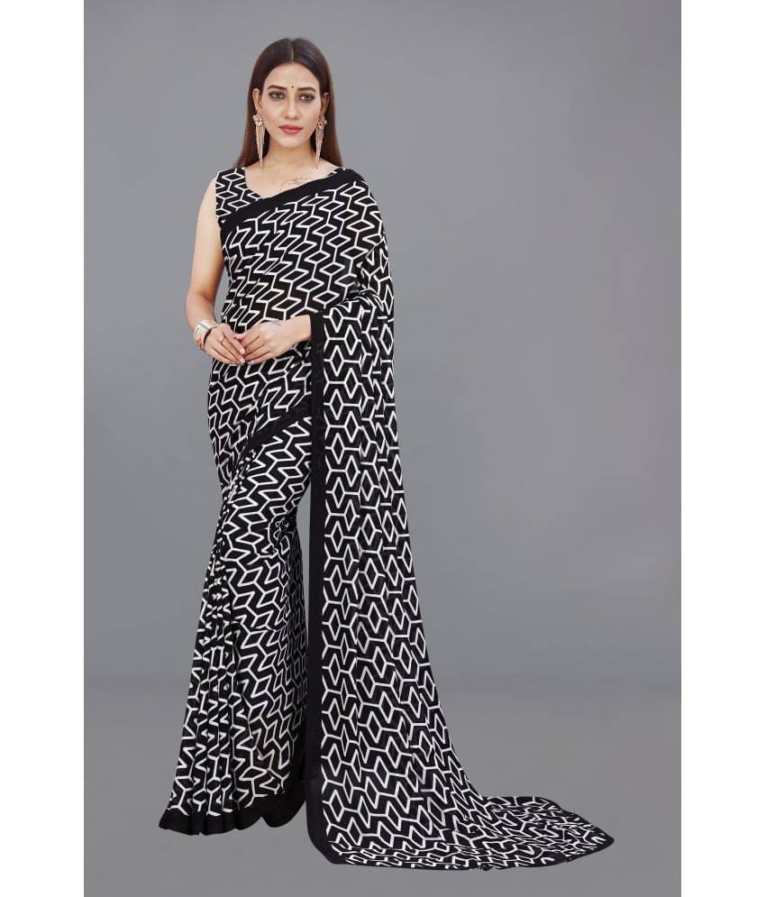 ANAND SAREES Georgette Printed Saree With Unstitched Blouse Piece ( Black ) ANAND SAREES Georgette Printed Saree With Unstitched Blouse Piece ( Black )