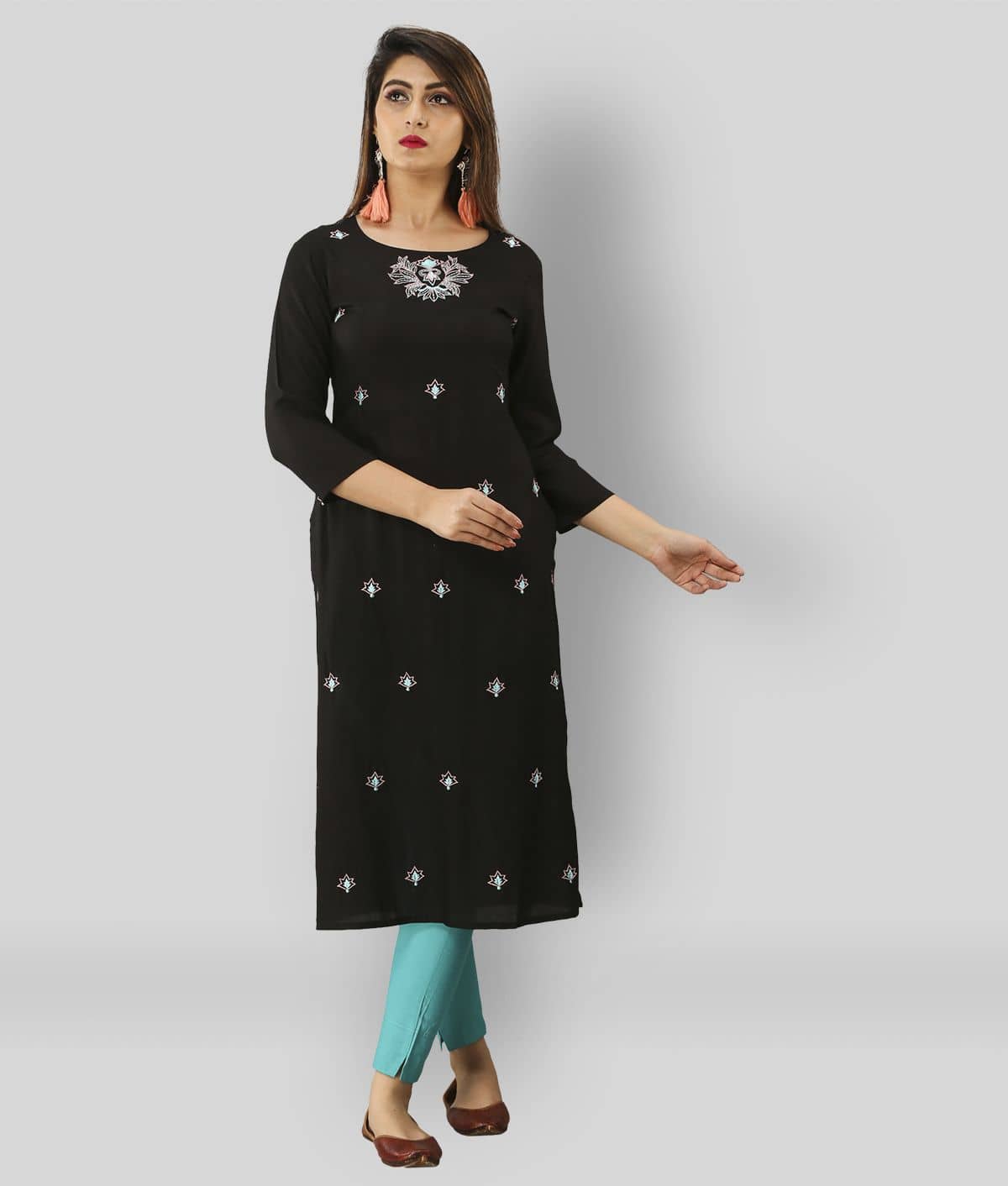MAHAGEETA - Black Rayon Women's Straight Kurti - Kurtis, Tunics | Buy online on ZillyBuy