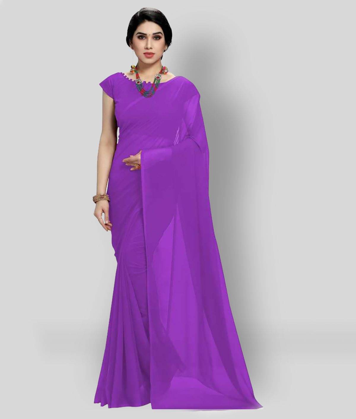     			ANAND SAREES Georgette Solid Saree With Unstitched Blouse Piece ( Purple )