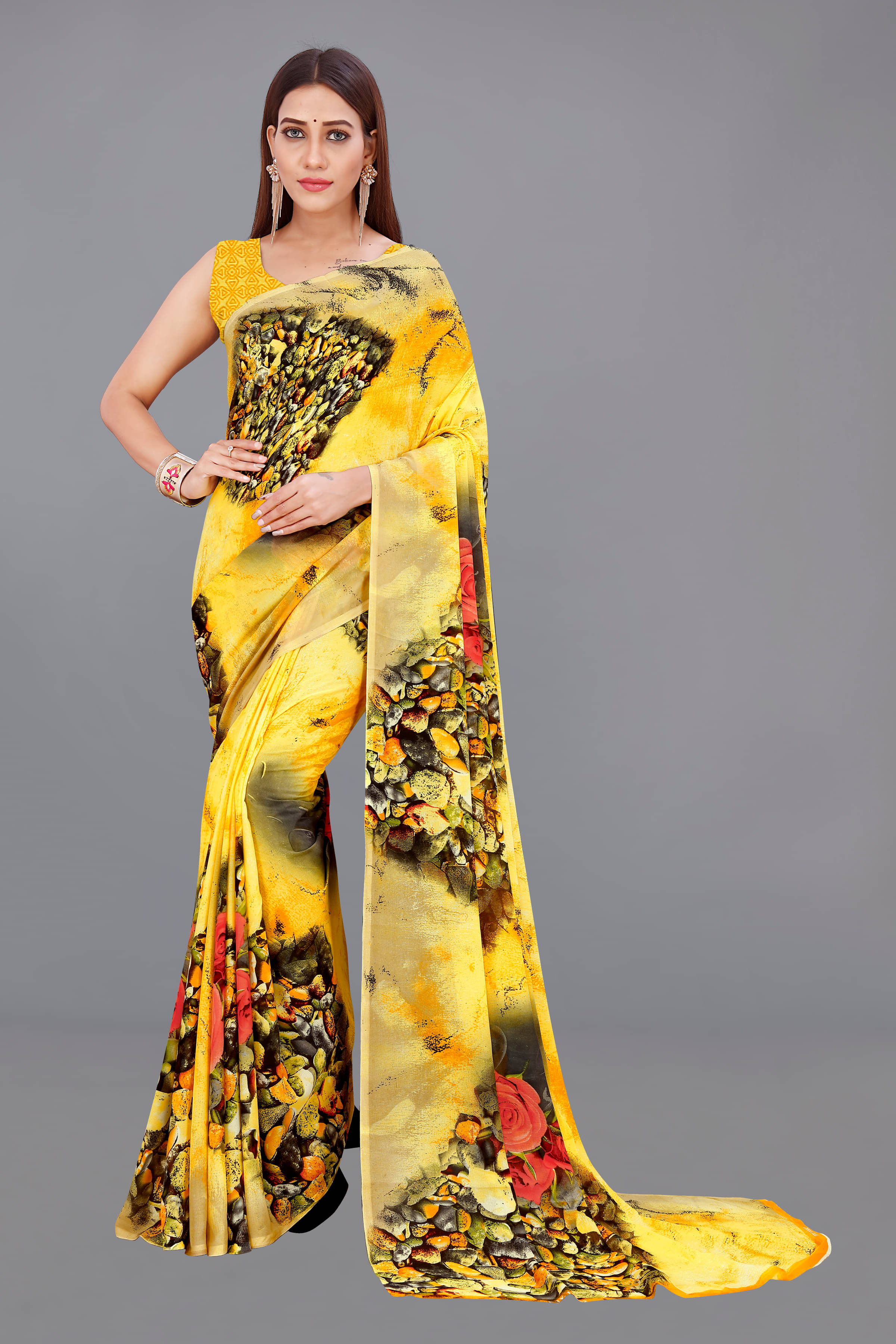 ANAND SAREES Georgette Printed Saree With Unstitched Blouse Piece ( Yellow ) ANAND SAREES Georgette Printed Saree With Unstitched Blouse Piece ( Yellow )