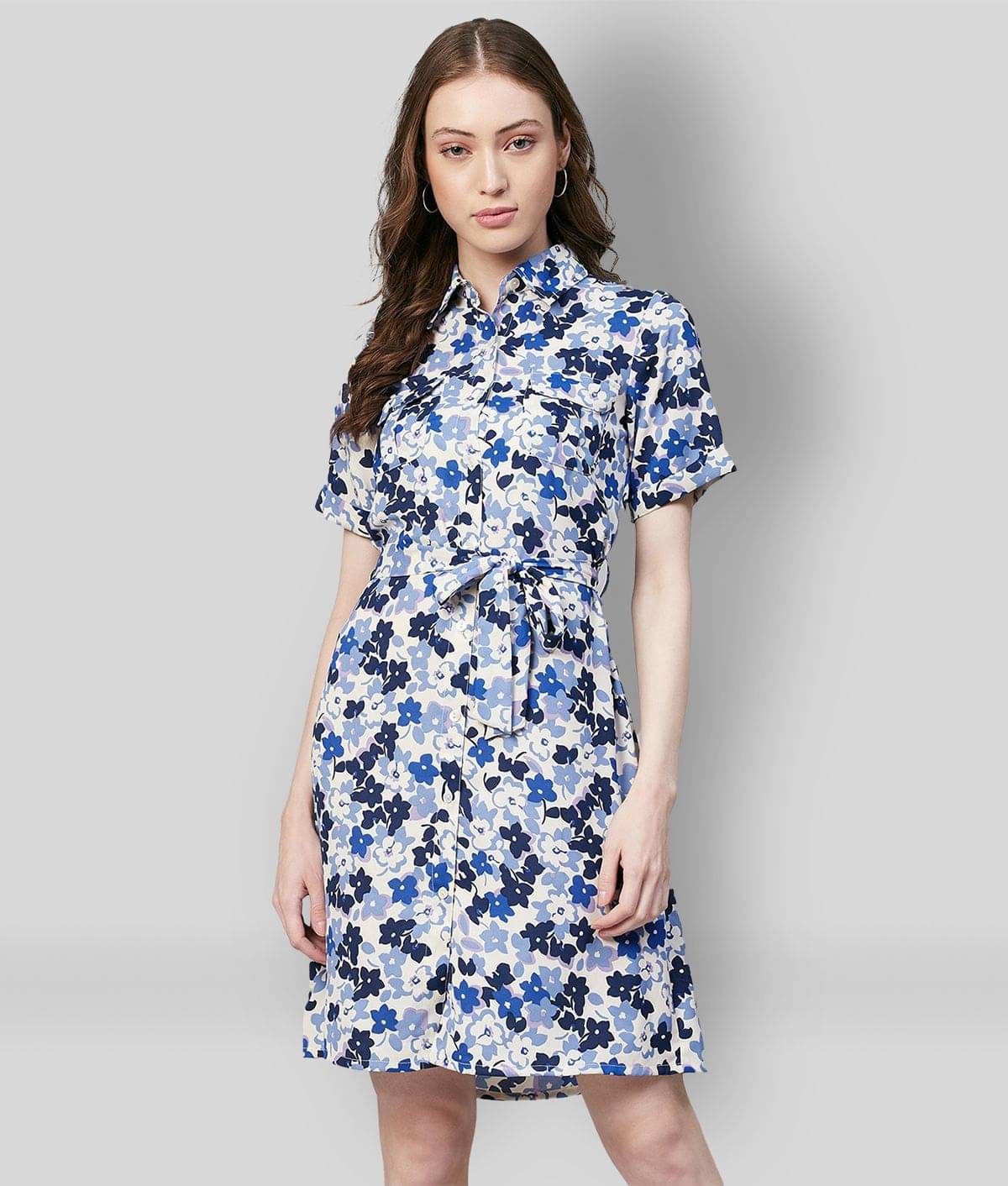     			StyleStone Women Crepe Printed Shirt Dress ( Blue )